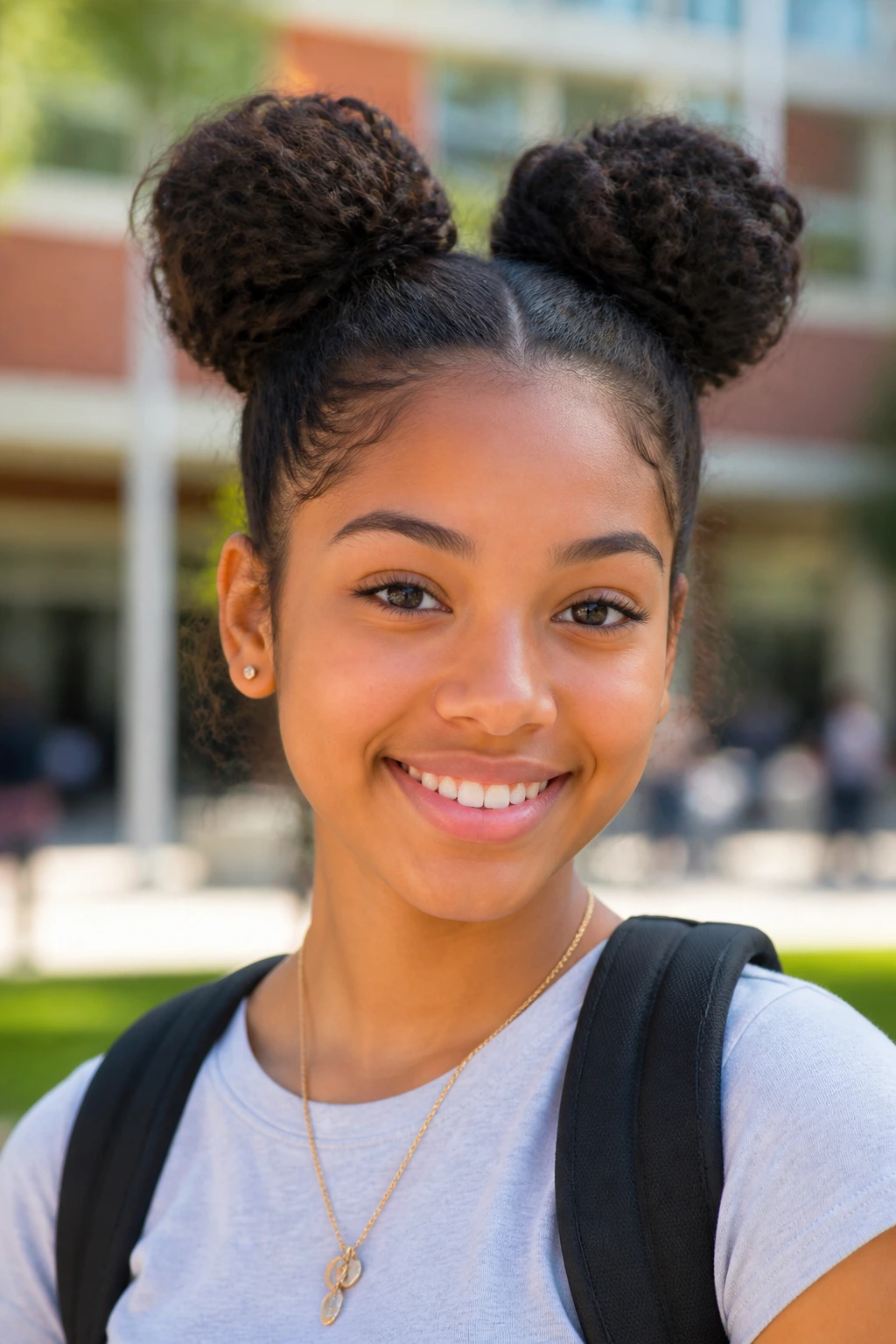 Close-up of a real student with two high space buns
