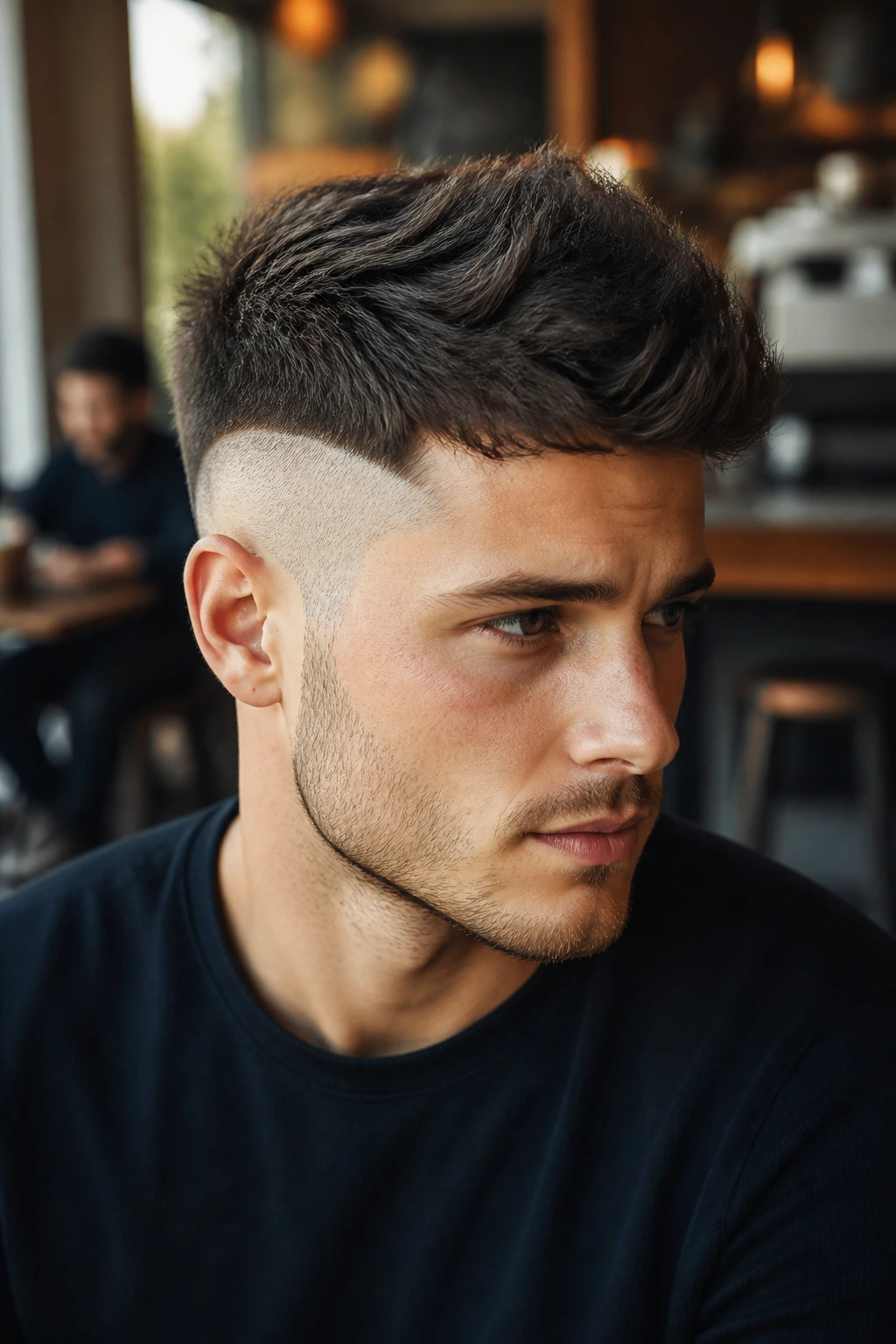 Portrait of man with high taper and disconnected undercut