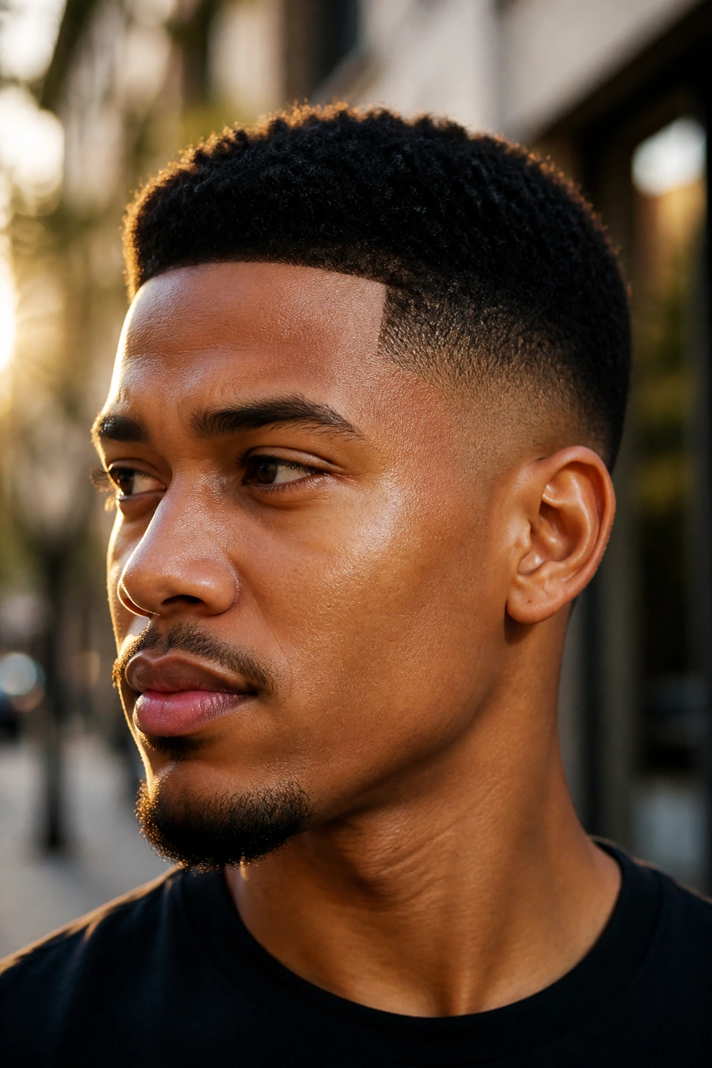 Close-up portrait of man with faded temples high taper fade around cheeks