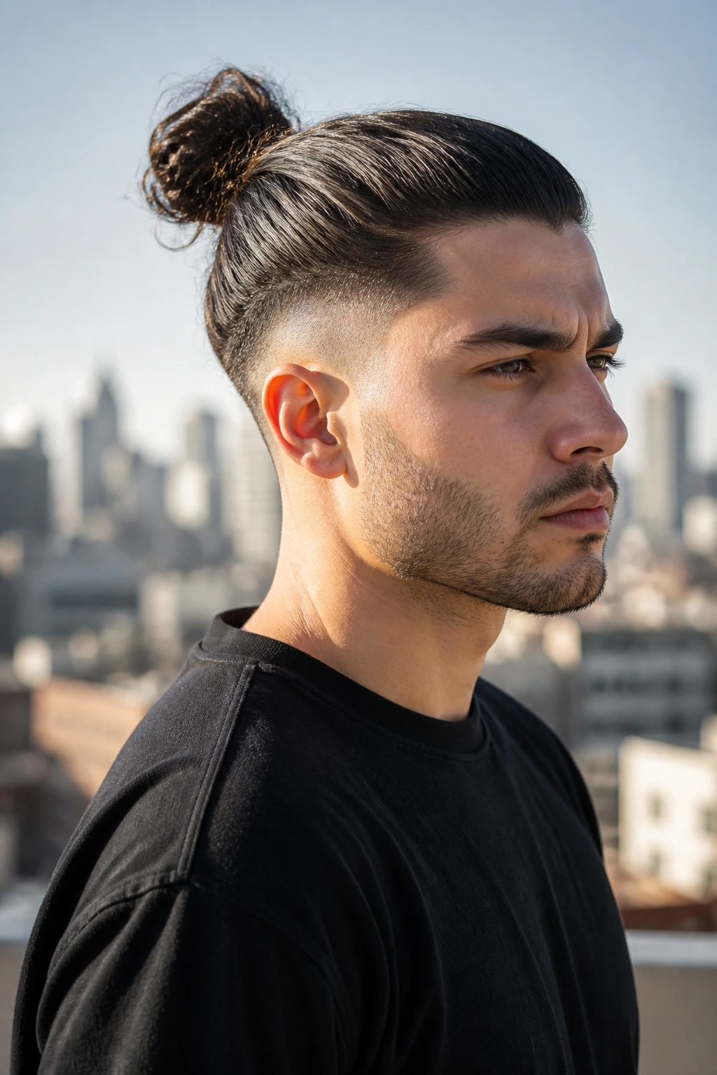 Man with long top tied into a bun and high taper sides portrait