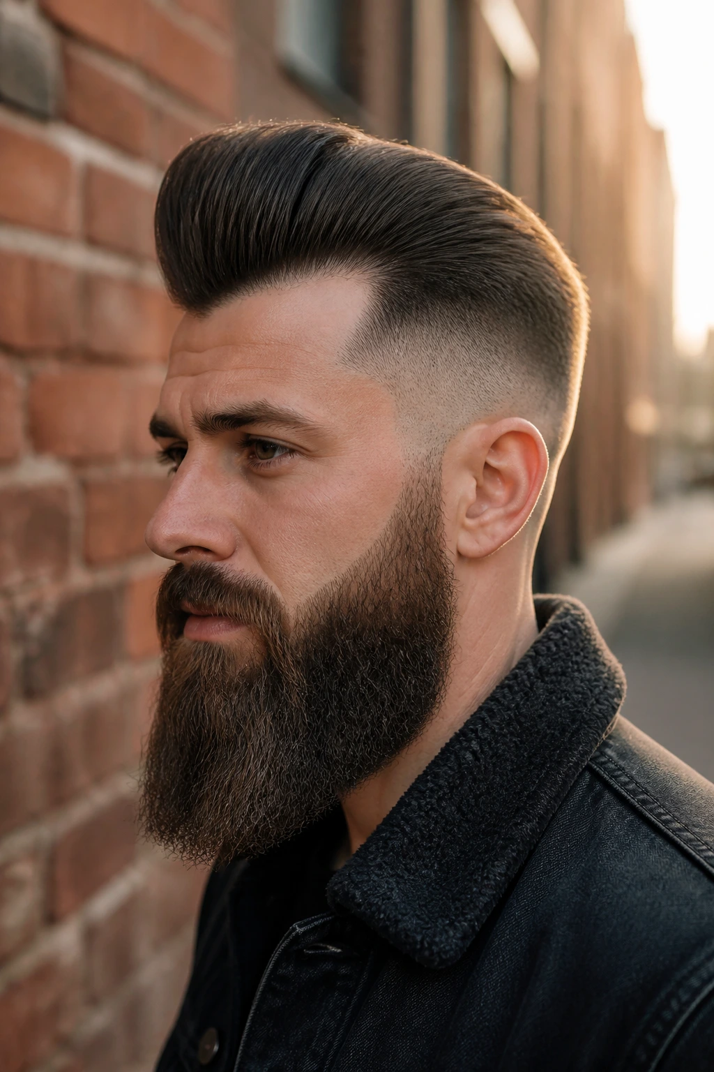 Man with pompadour and beard and high taper sides