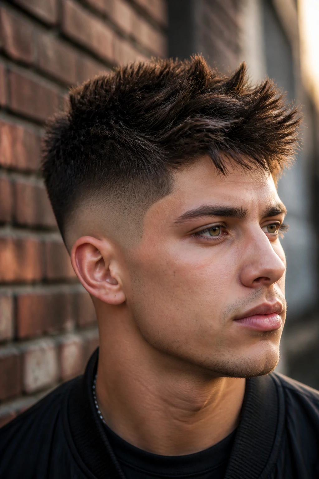 Close-up portrait of a man with a matte high taper and spiky top hair