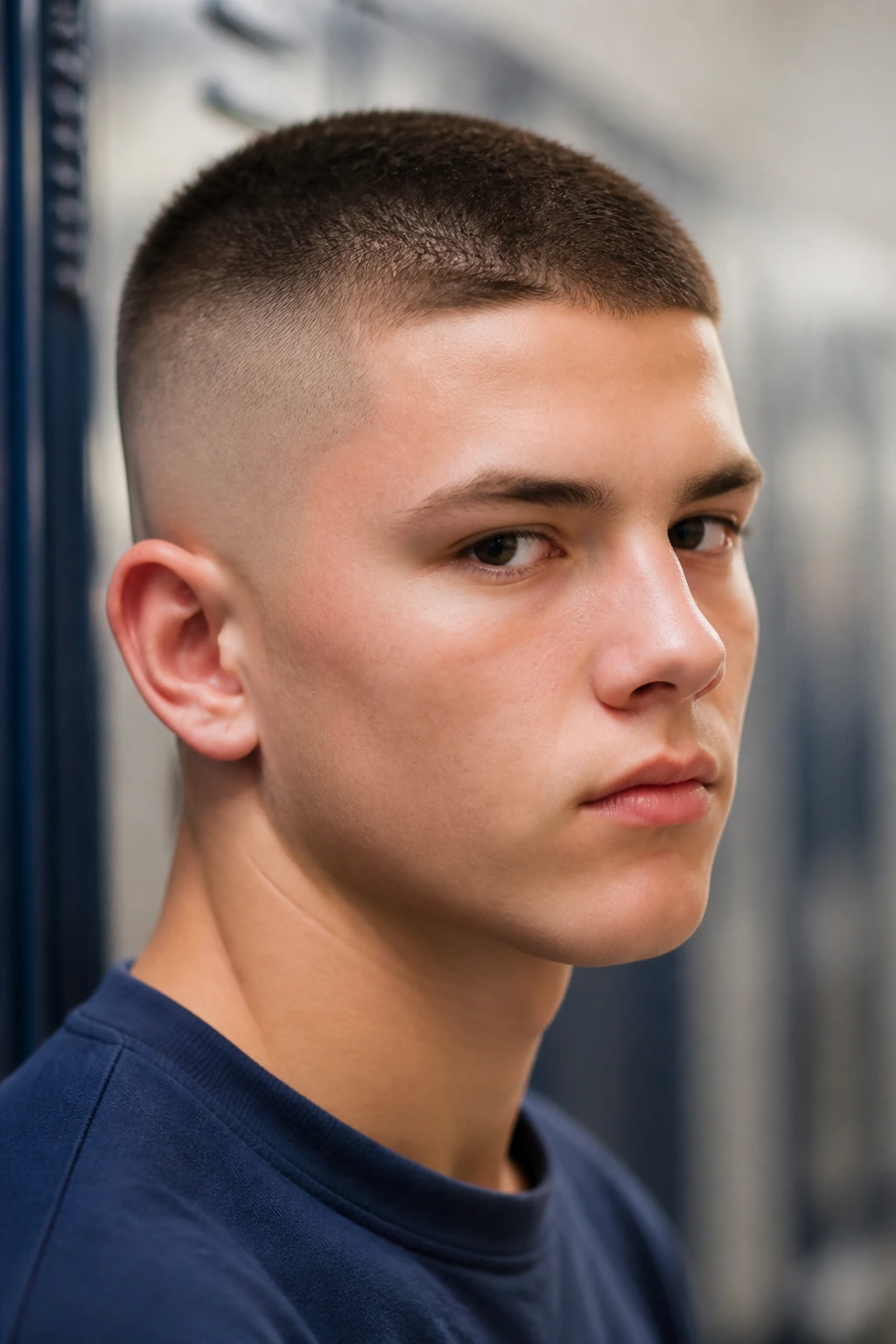 Close-up of a student with a high and tight fade in a school corridor