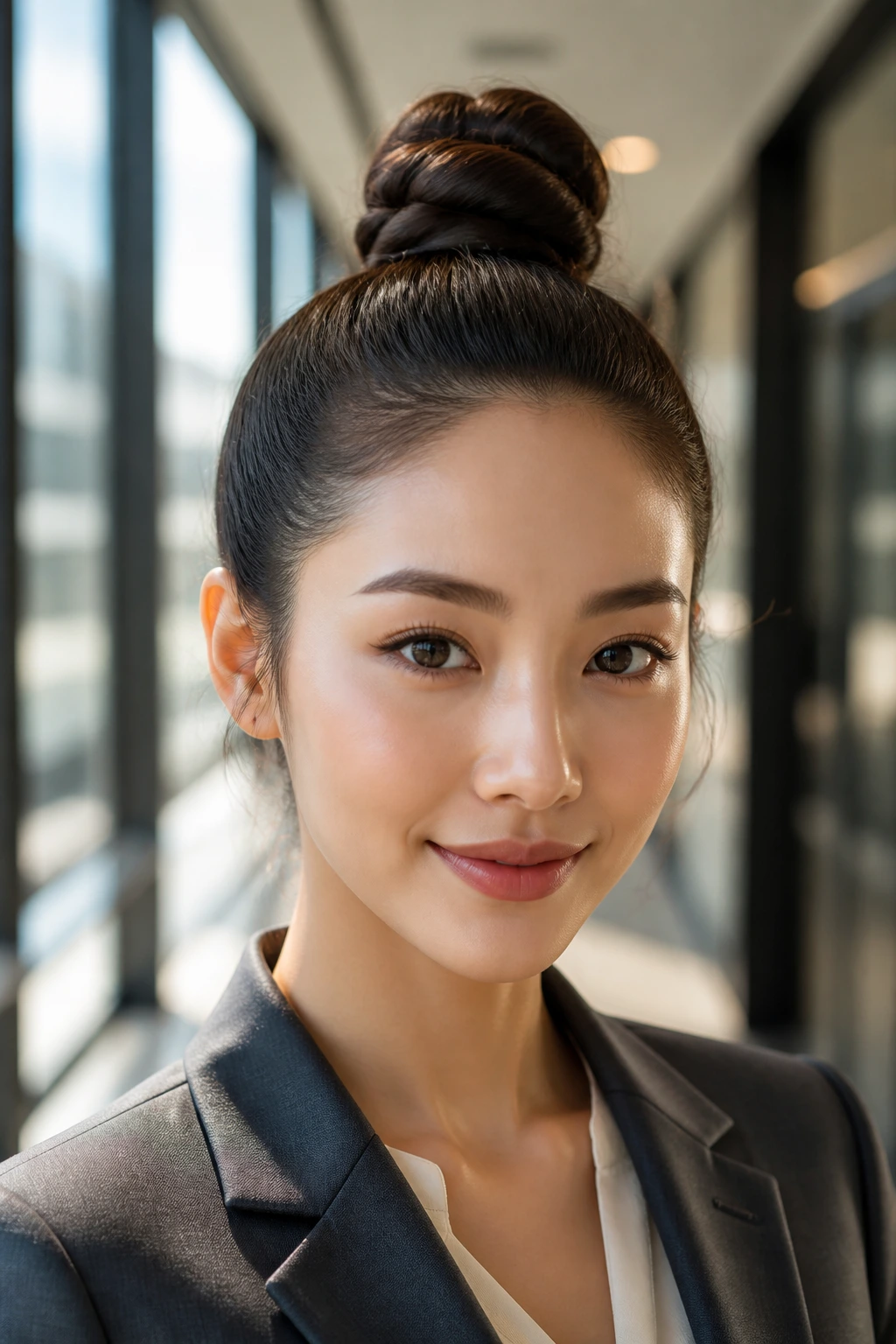 Close-up portrait of a real woman with a high top-knot in a bright office hallway