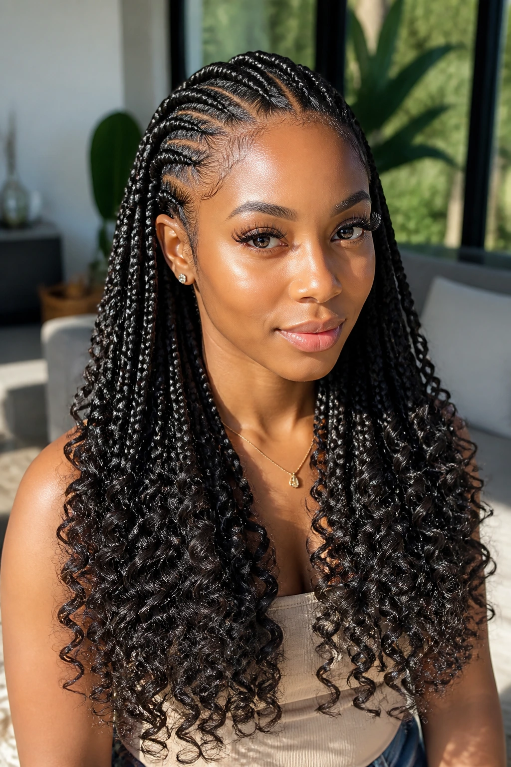 Close-up of cornrows ending in voluminous curls on a real person