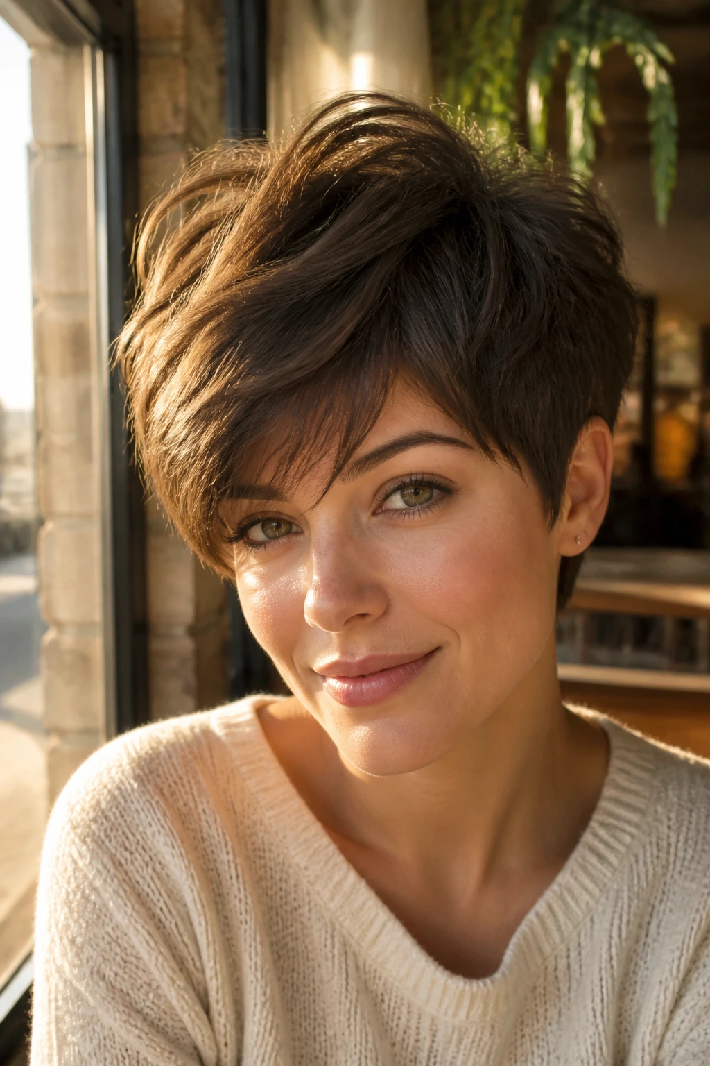 Close-up portrait of a real person with a high-volume layered pixie.