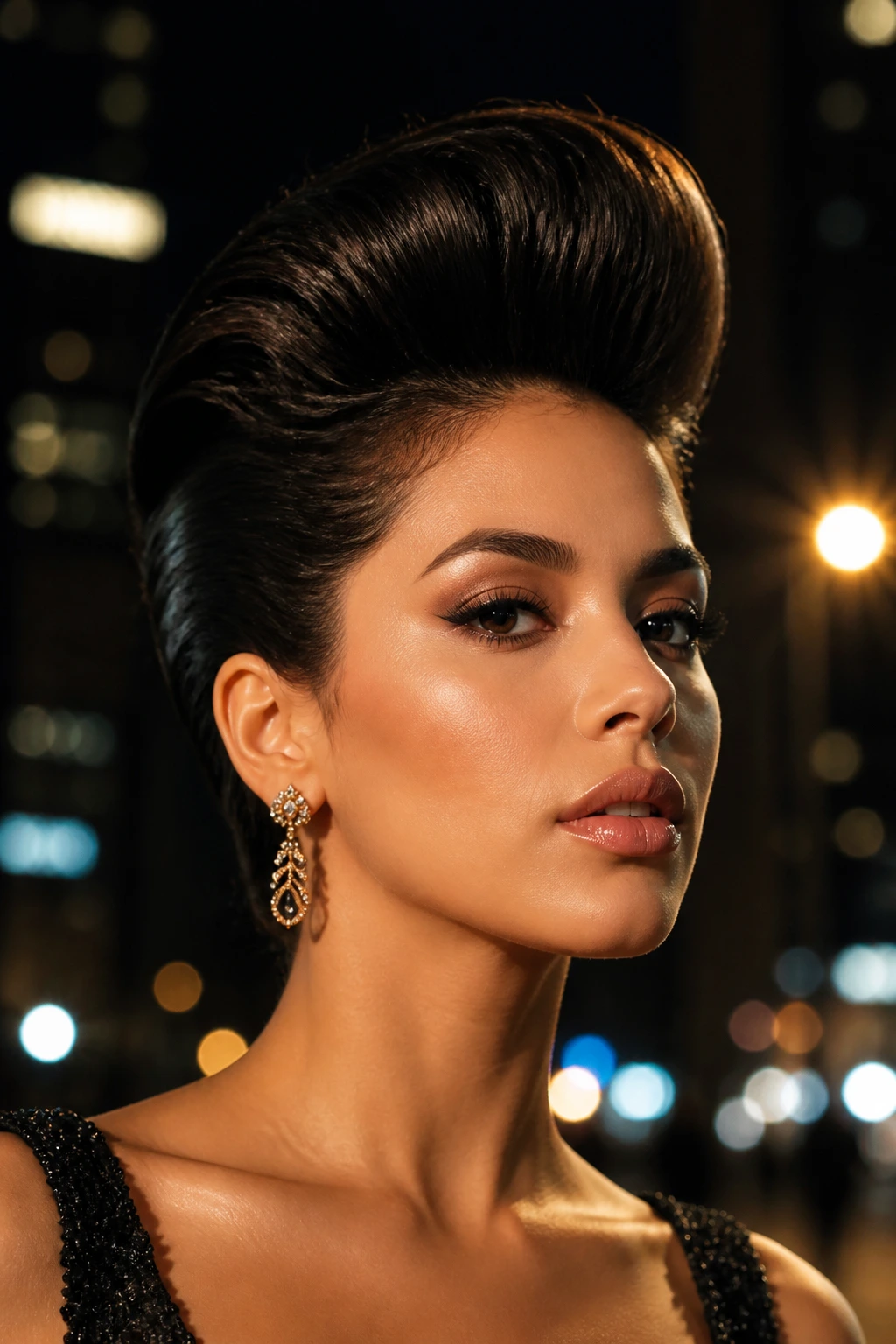 Close-up portrait of a real person with a dramatic high-volume pompadour