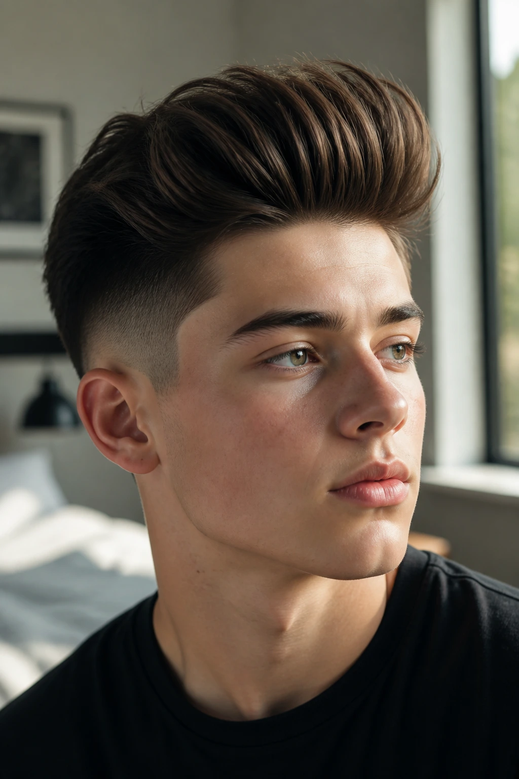 Close-up of teenage boy with high-volume pompadour and faded sides in sunlit bedroom