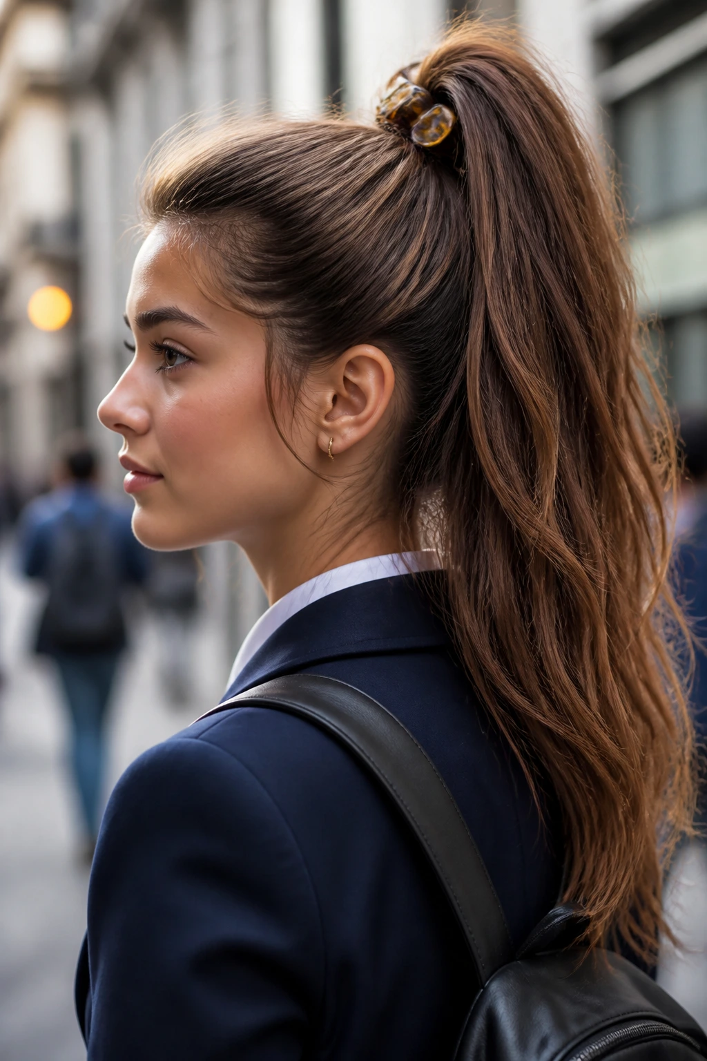 Portrait of a real person with a high-volume ponytail and a small claw clip at the base