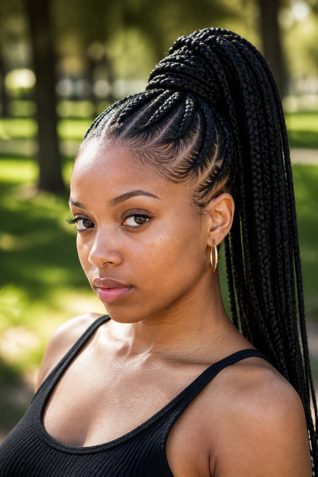 Portrait of a real woman with high-volume cornrow ponytail