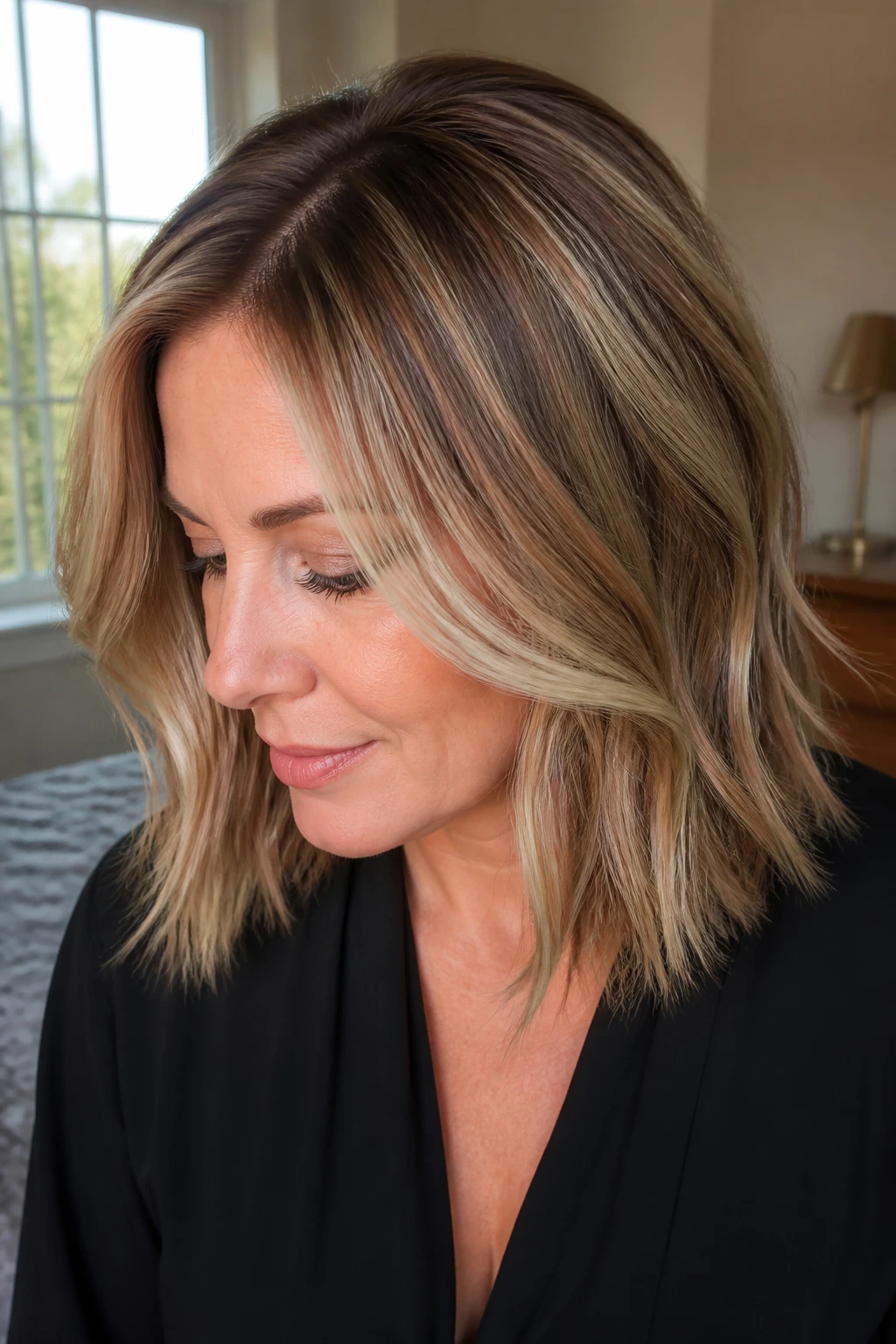 Portrait of a real woman with face-framing highlights for dimension.