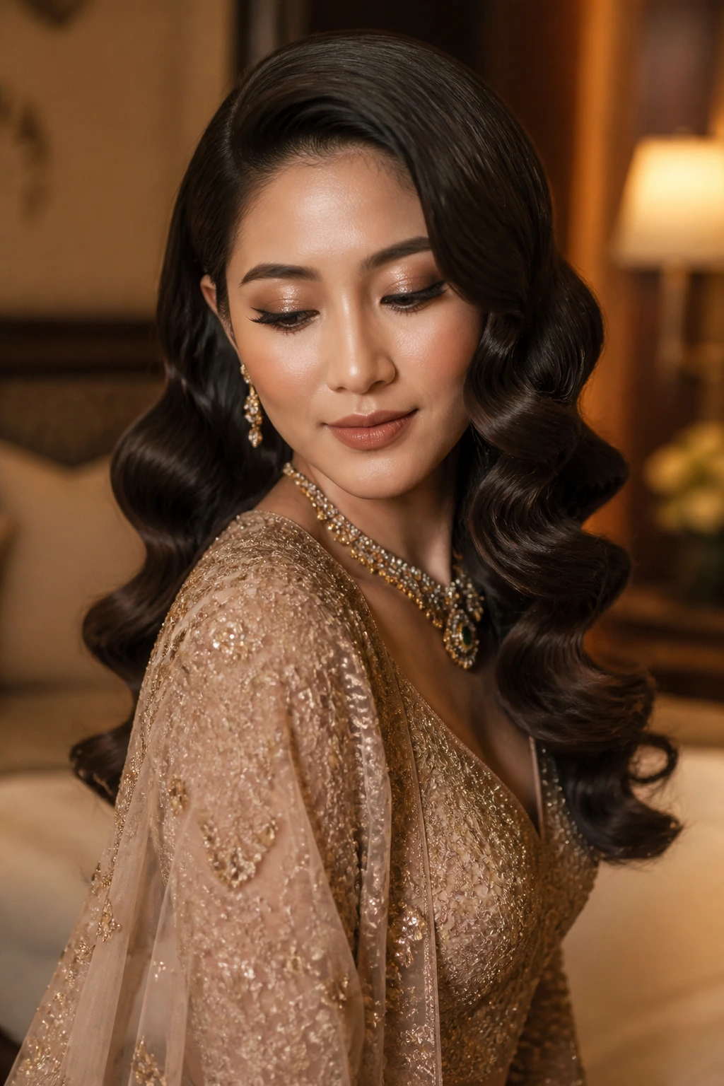 Close-up of a woman with vintage Hollywood waves in a hotel suite