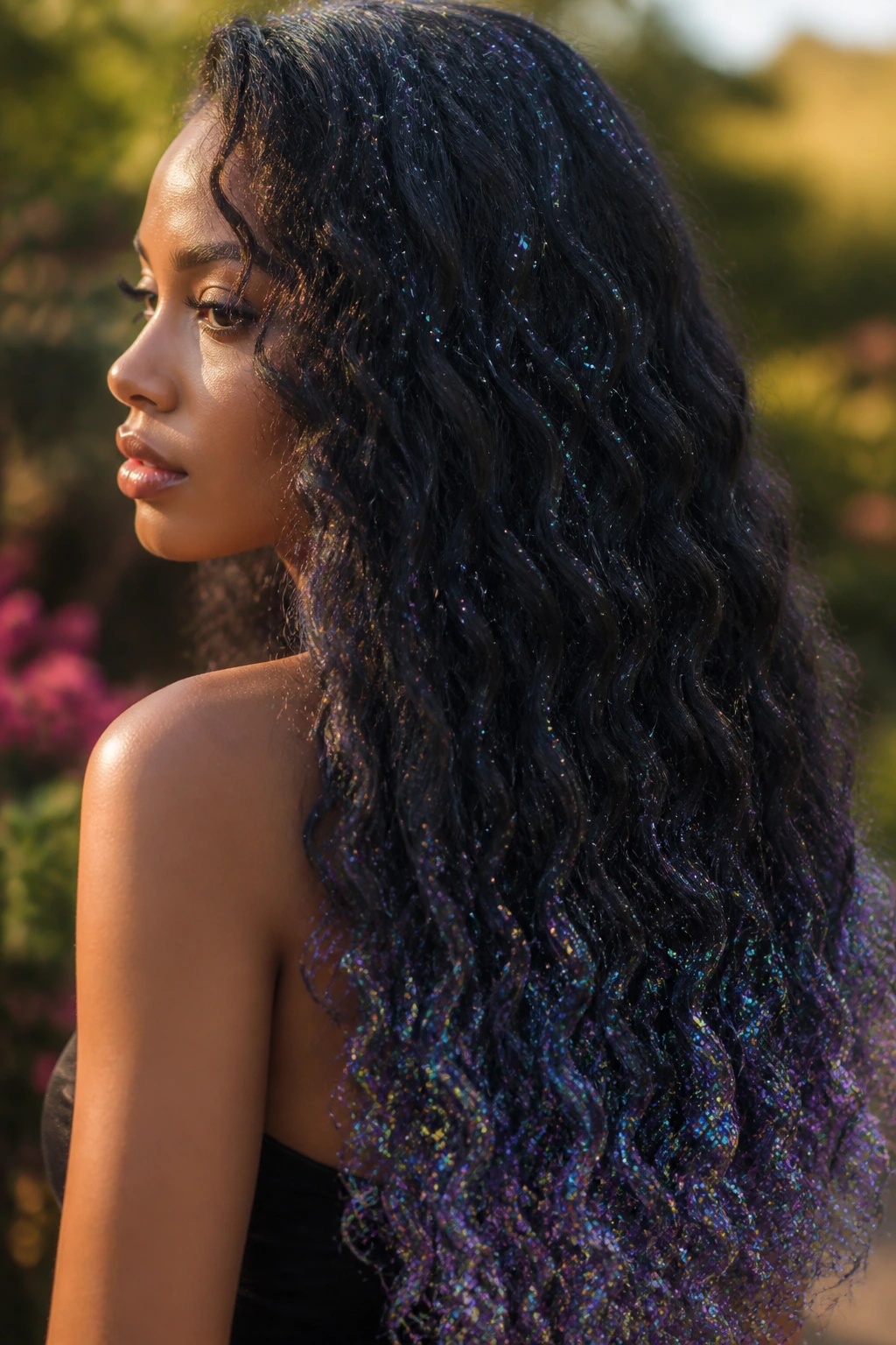 Close-up of holographic glitter gradient on thick hair on a real person, shimmering under sunlight