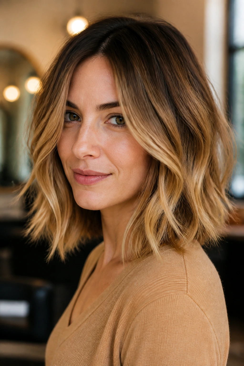 Close-up of a real woman with a honey blonde balayage lob in warm light