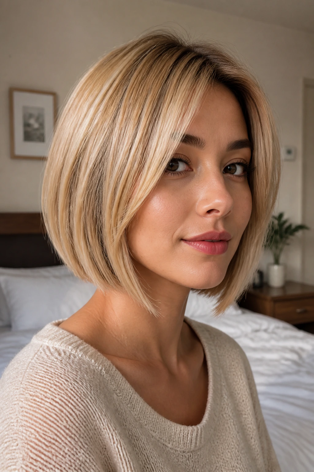 Close-up of a woman with a honey-blonde A-line bob framing her face.