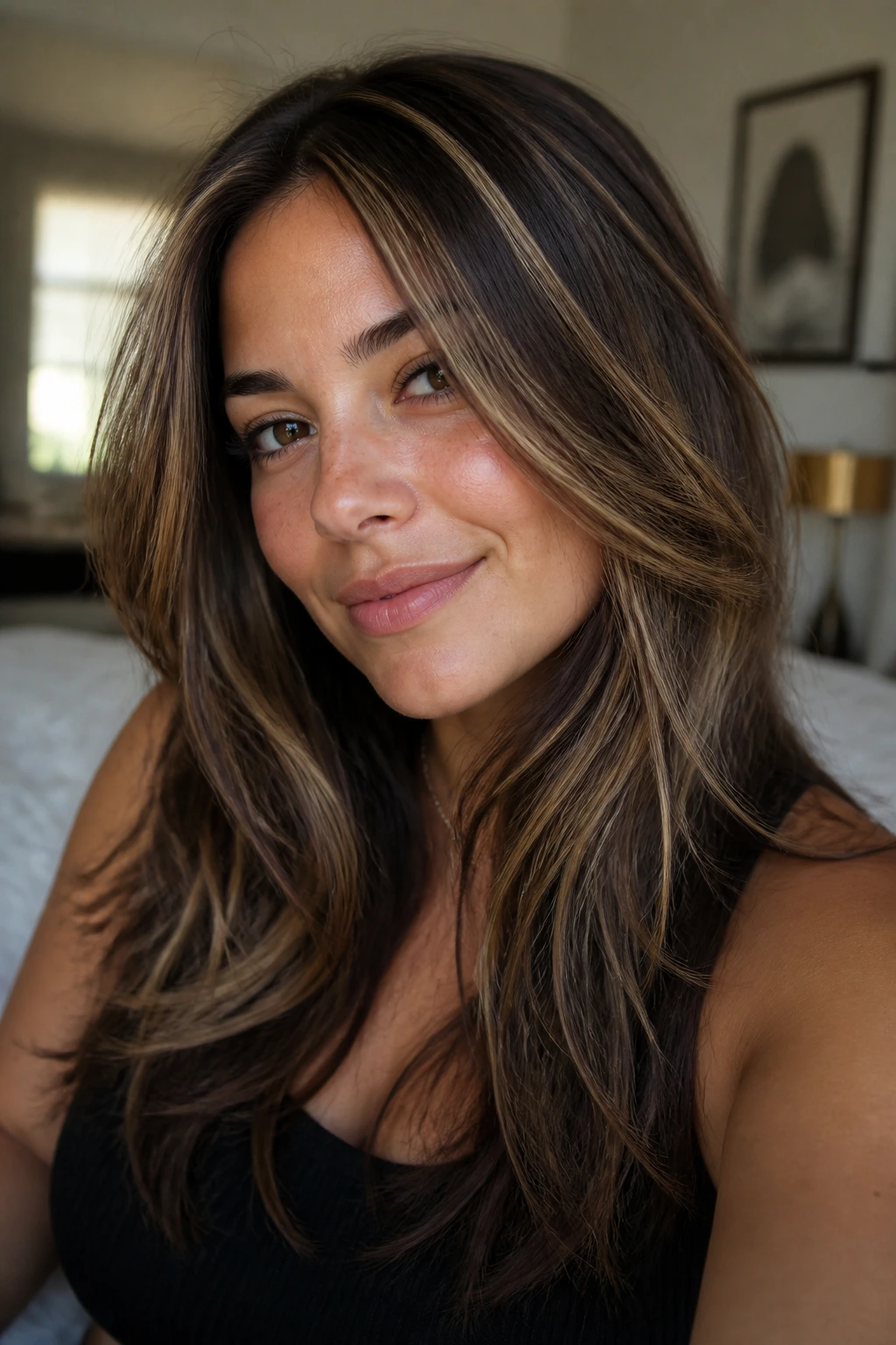 Close-up of dark brunette hair with honey-blonde face-framing babylights on a real person