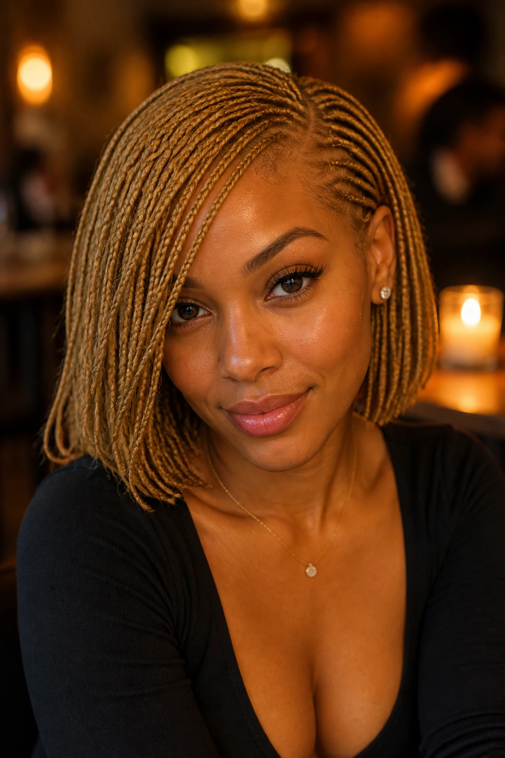 Close-up of a real woman with honey blonde micro-braids and a deep side part in a candlelit cafe.