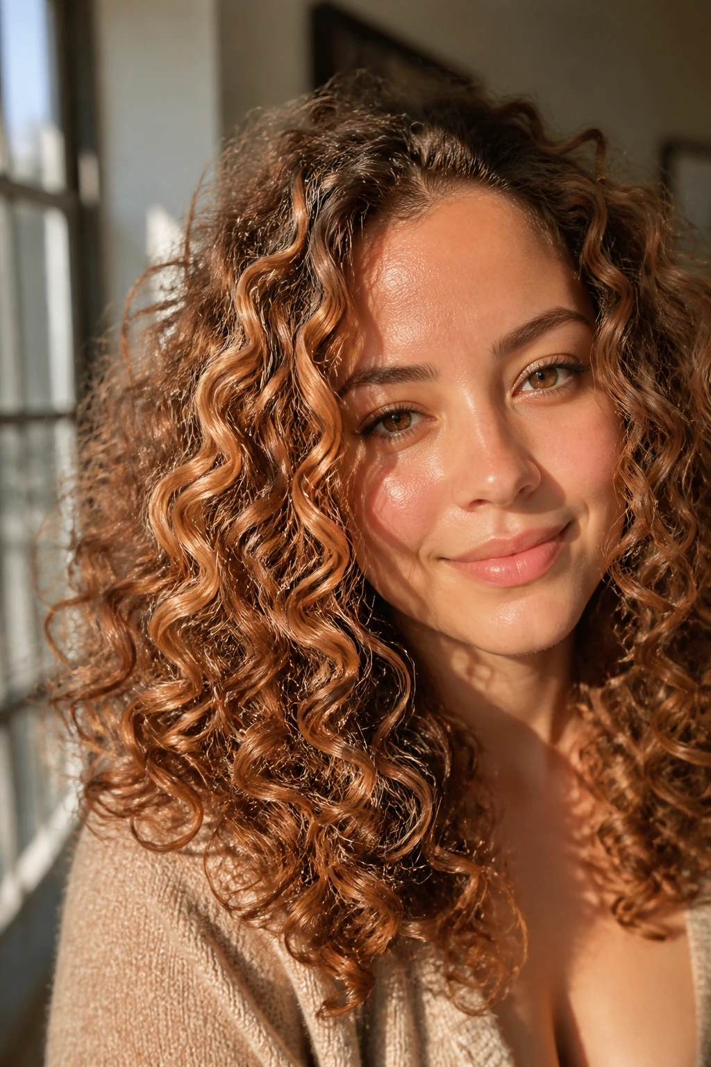 Close-up of honey-brown curls with strawberry-gold highlights in warm natural light