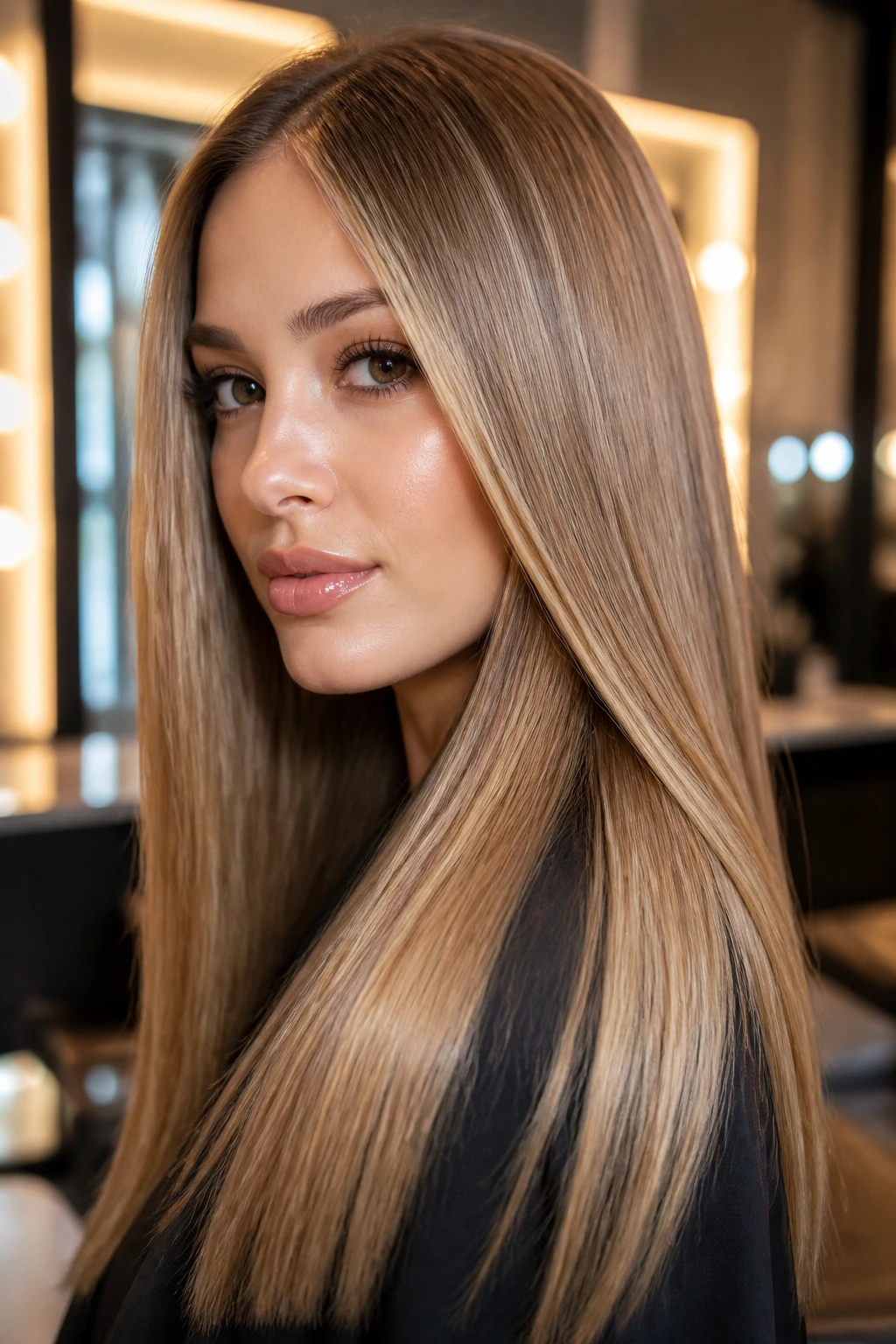 Close-up portrait of a real woman with honey-glazed beige hair and high shine