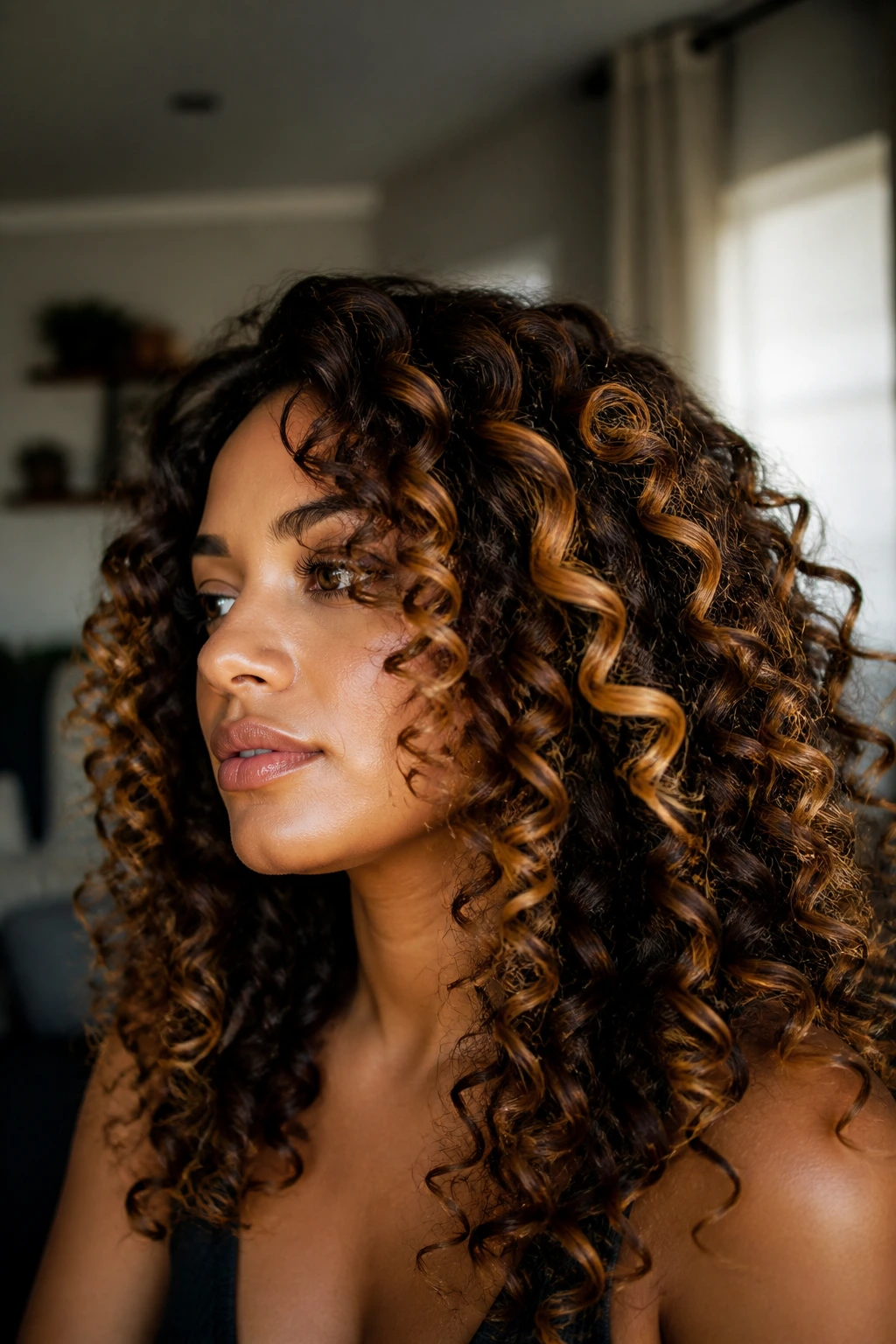 Close-up of a real woman with honey-gold ribbons in deep brown curls