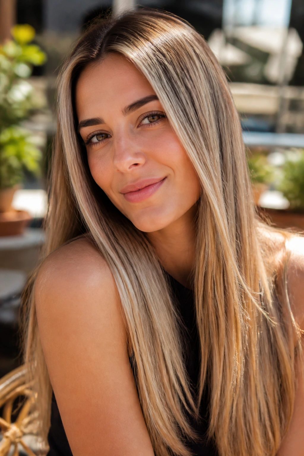 Close-up portrait of a real woman with Honey-Oatmeal Highlights straight hair outdoors