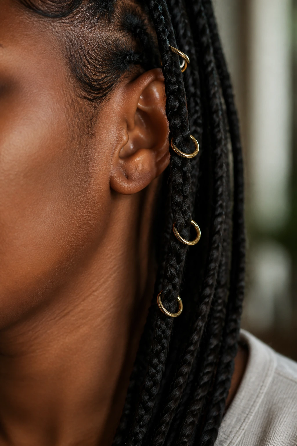 Close-up of braid with hoop earrings threaded through