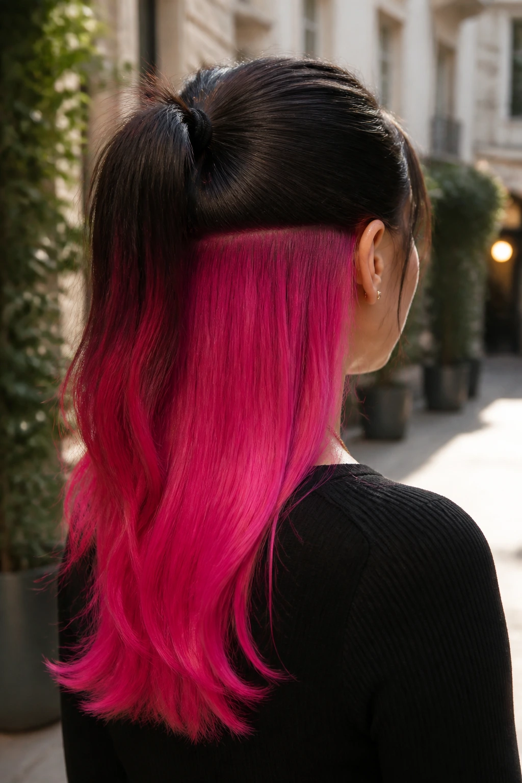 Rear view of real person with horizontal split hair in dark top and pink bottom