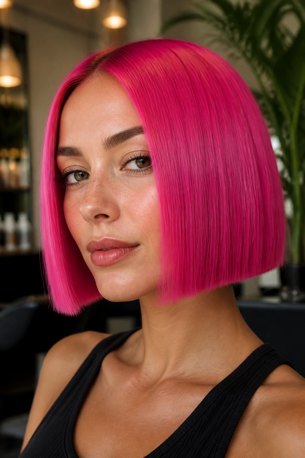 Close-up portrait of a woman with a hot pink razor-sharp blunt bob
