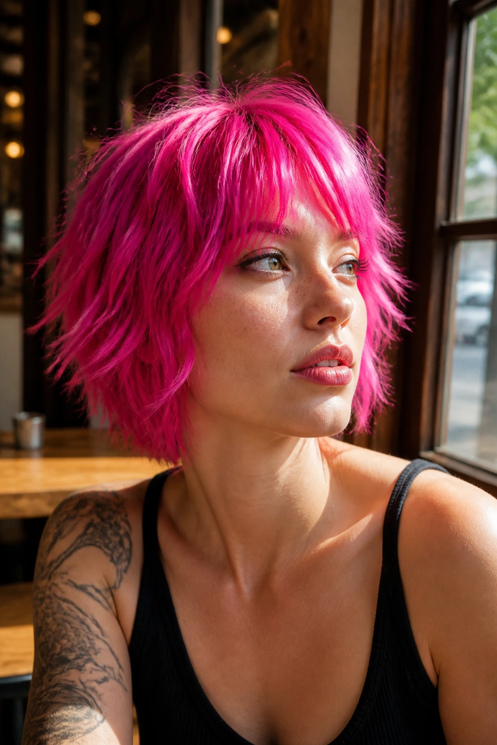 Portrait of a real person with hot pink choppy bob in natural window light