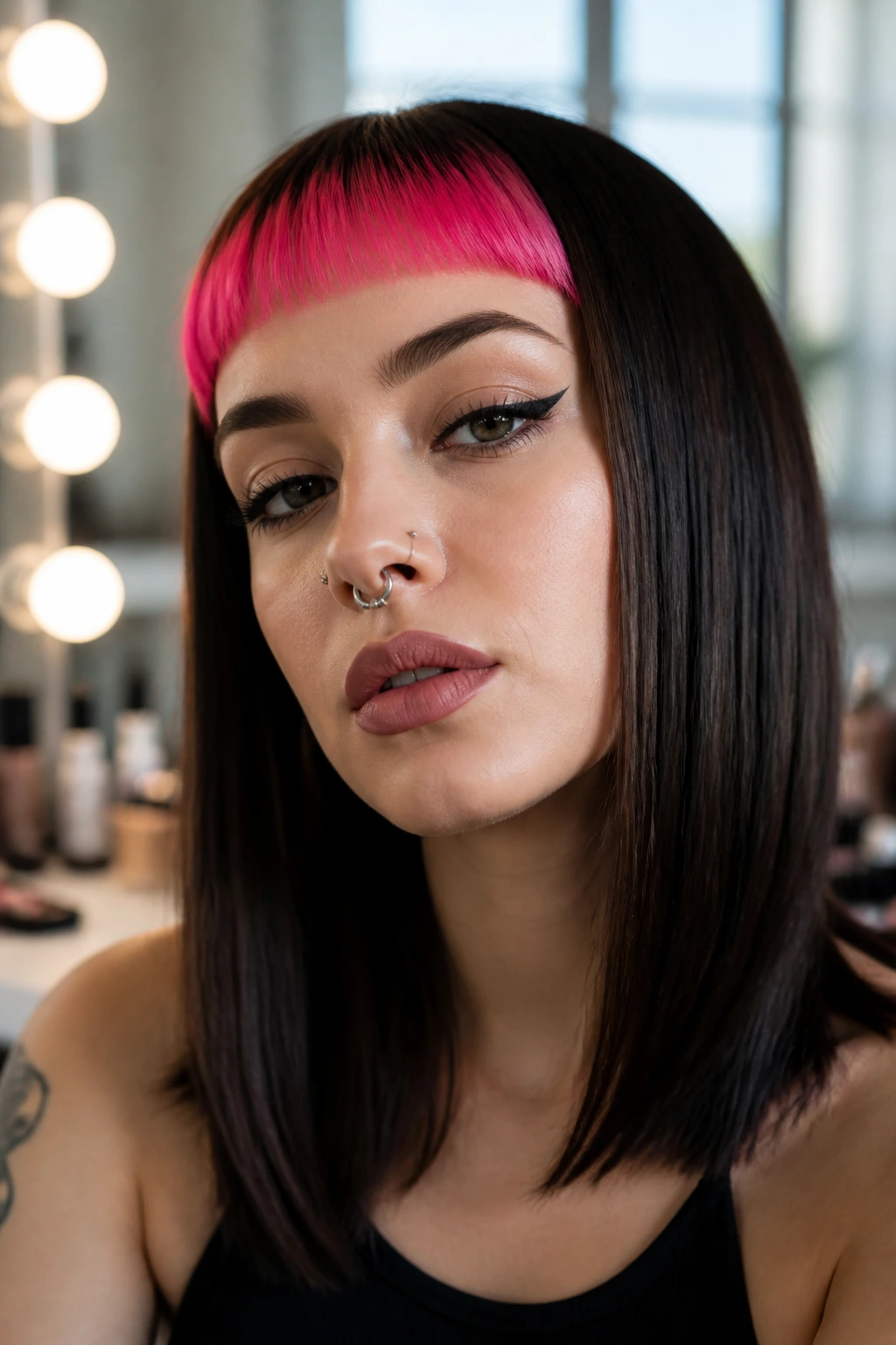Portrait of real person with neon pink micro-bangs and dark hair