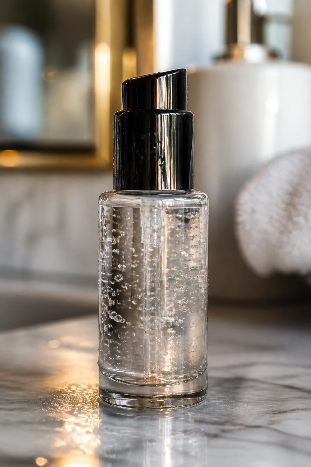 Finishing serum bottle with condensation on a gloss vanity