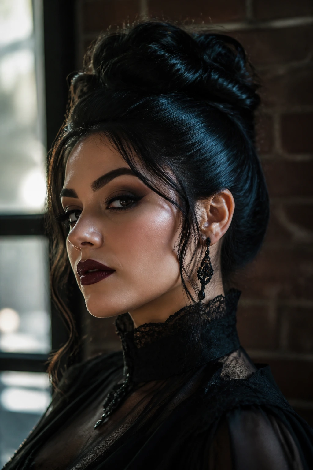 Latina woman in polished goth updo; humidity-controlled hair