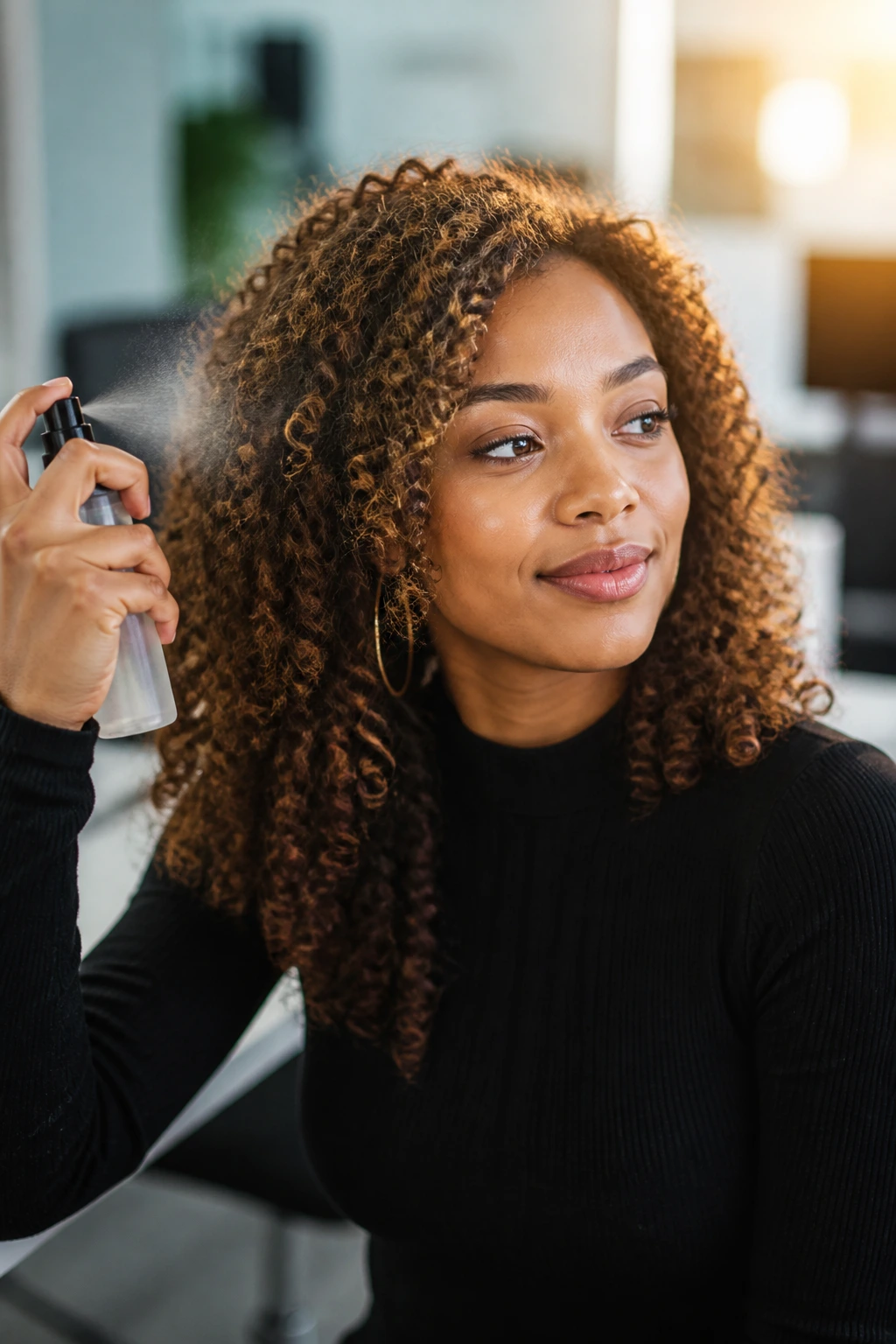 Close-up of a woman spraying curly hair in an office setting to combat humidity.