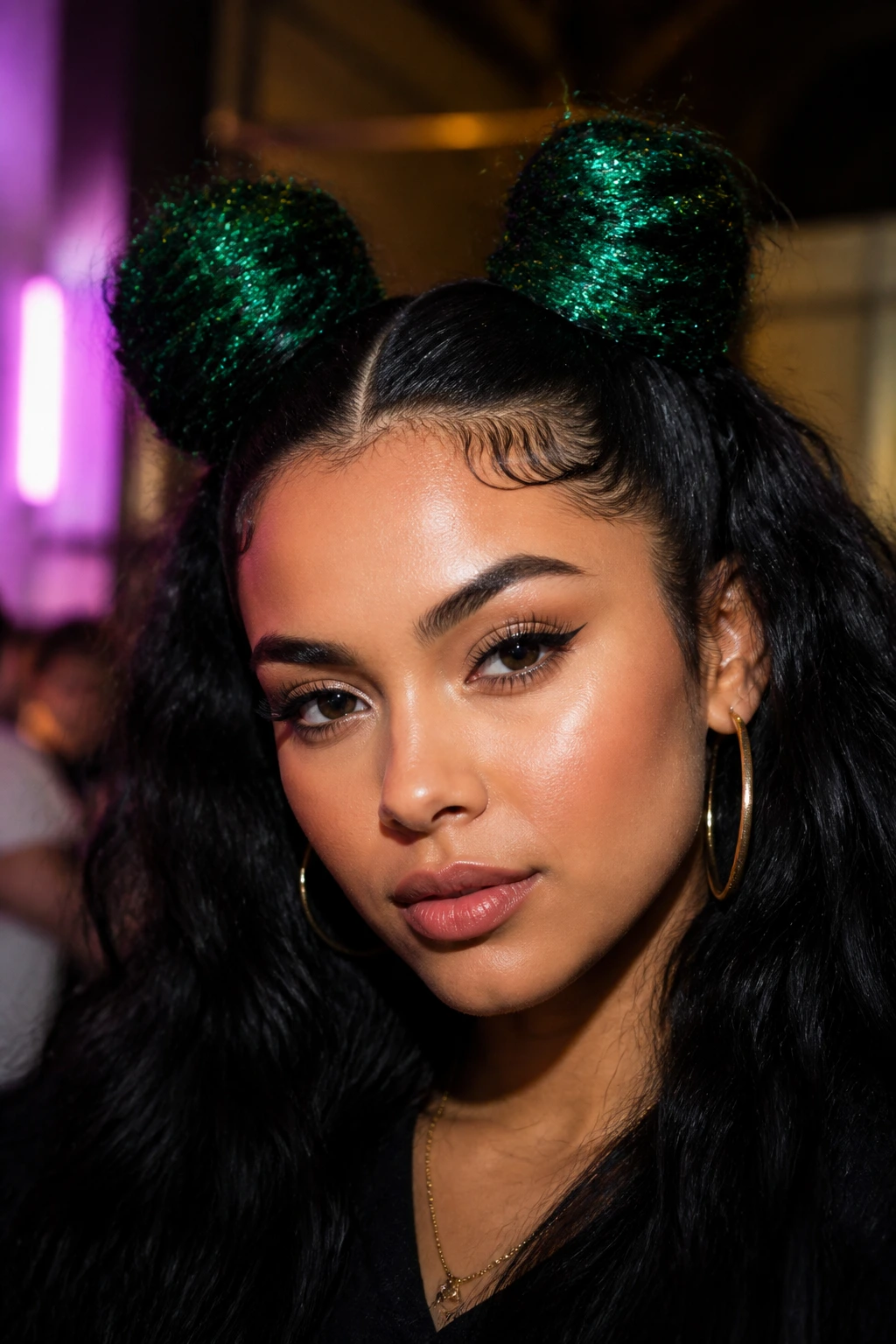 Close-up of a real person with two hunter-green glitter space buns on dark hair