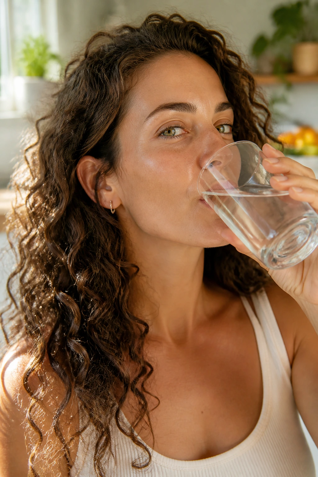 Close-up portrait of a real person drinking water to symbolize internal hydration for hair health