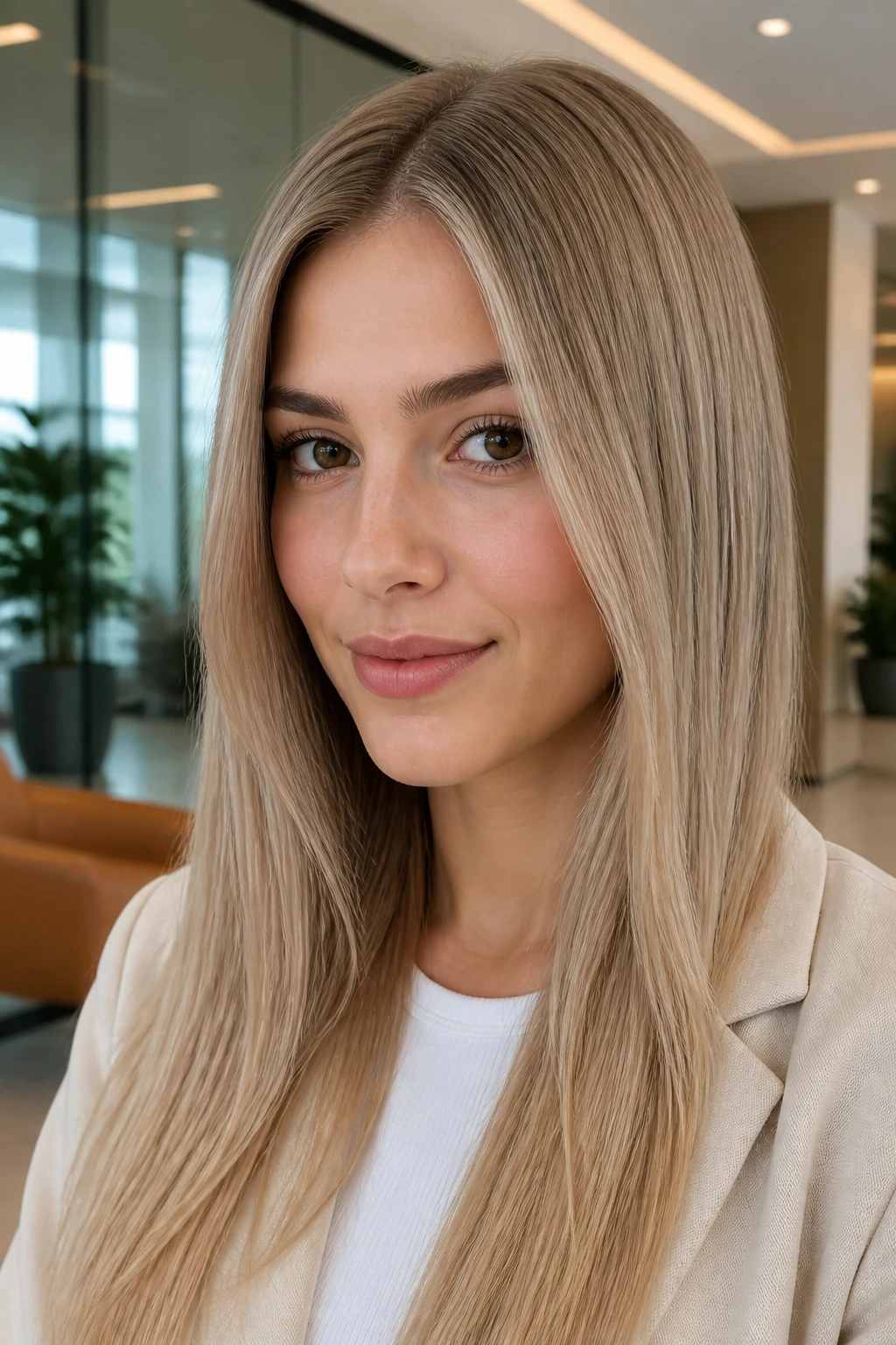 Close-up portrait of a real woman with Iced Latte Beige straight hair in an office setting