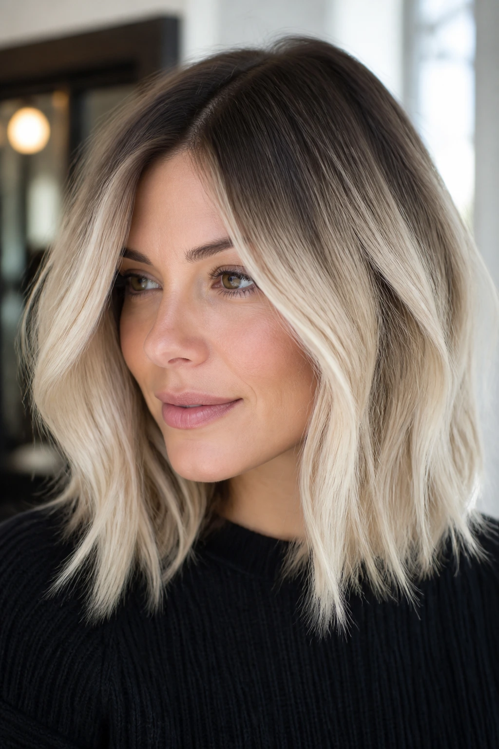 Close-up of icy-blonde lob with shadow roots on a real woman