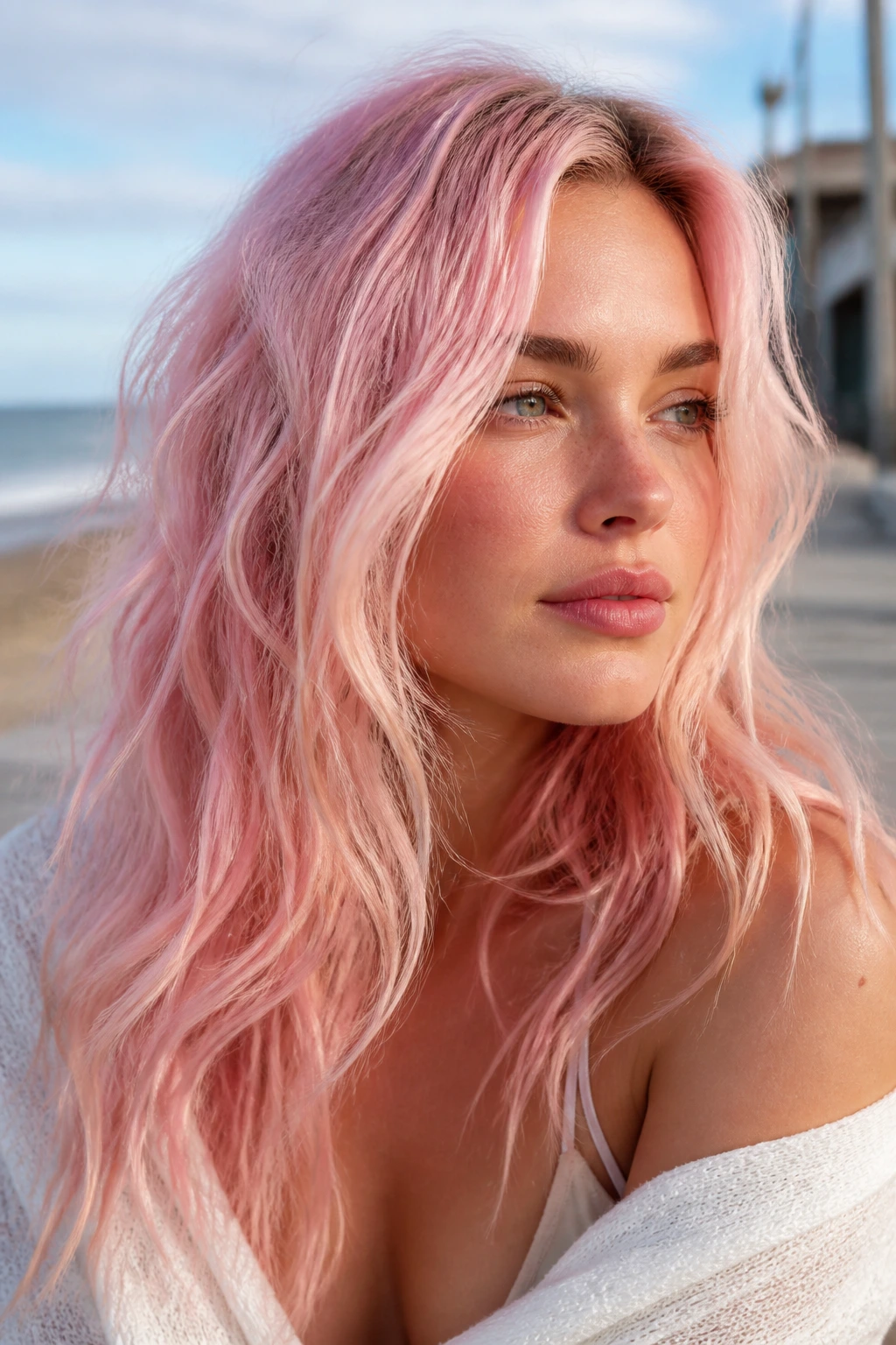 Real person with icy cotton candy waves in pale pink