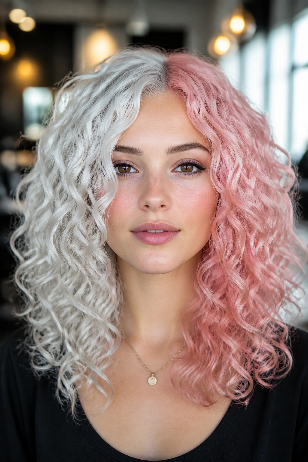 Close-up of real woman with icy platinum and rose quartz split hair