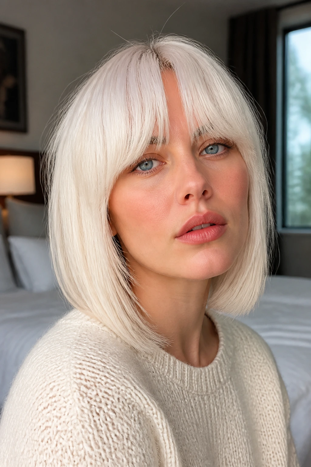 Close-up of a real woman with icy white hair and blunt curtain bangs in natural light.