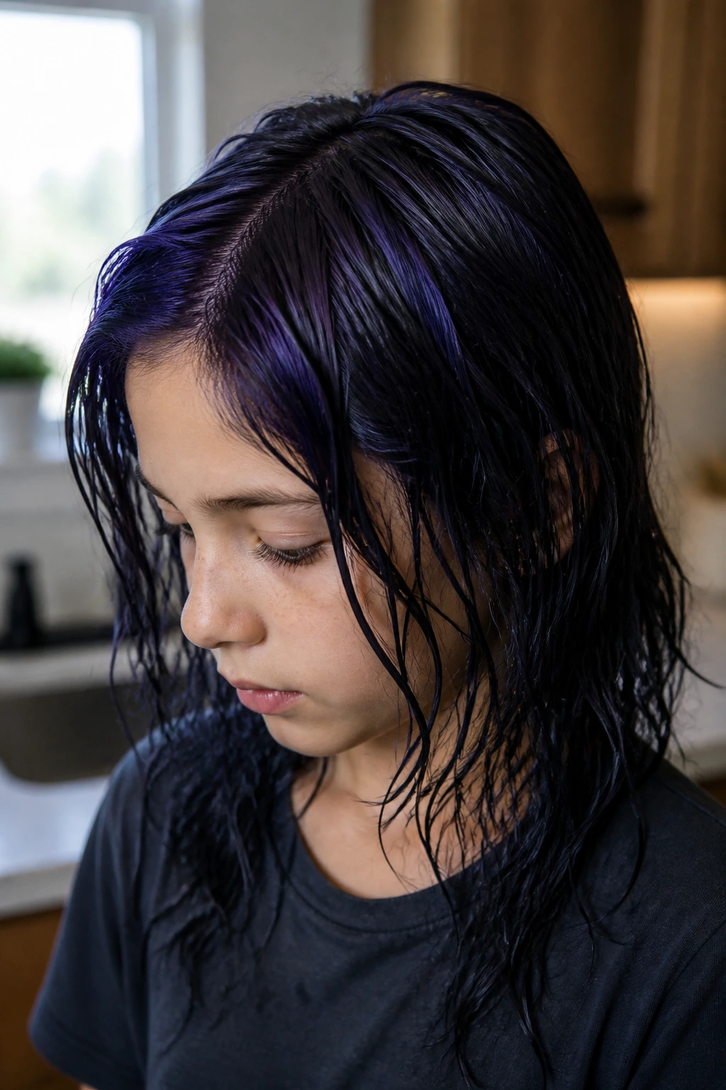 Close-up of a child with midnight indigo tint in hair under natural daylight