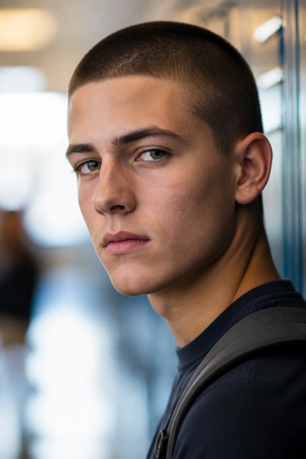 Close-up portrait of a student with a classic induction cut in a school hallway