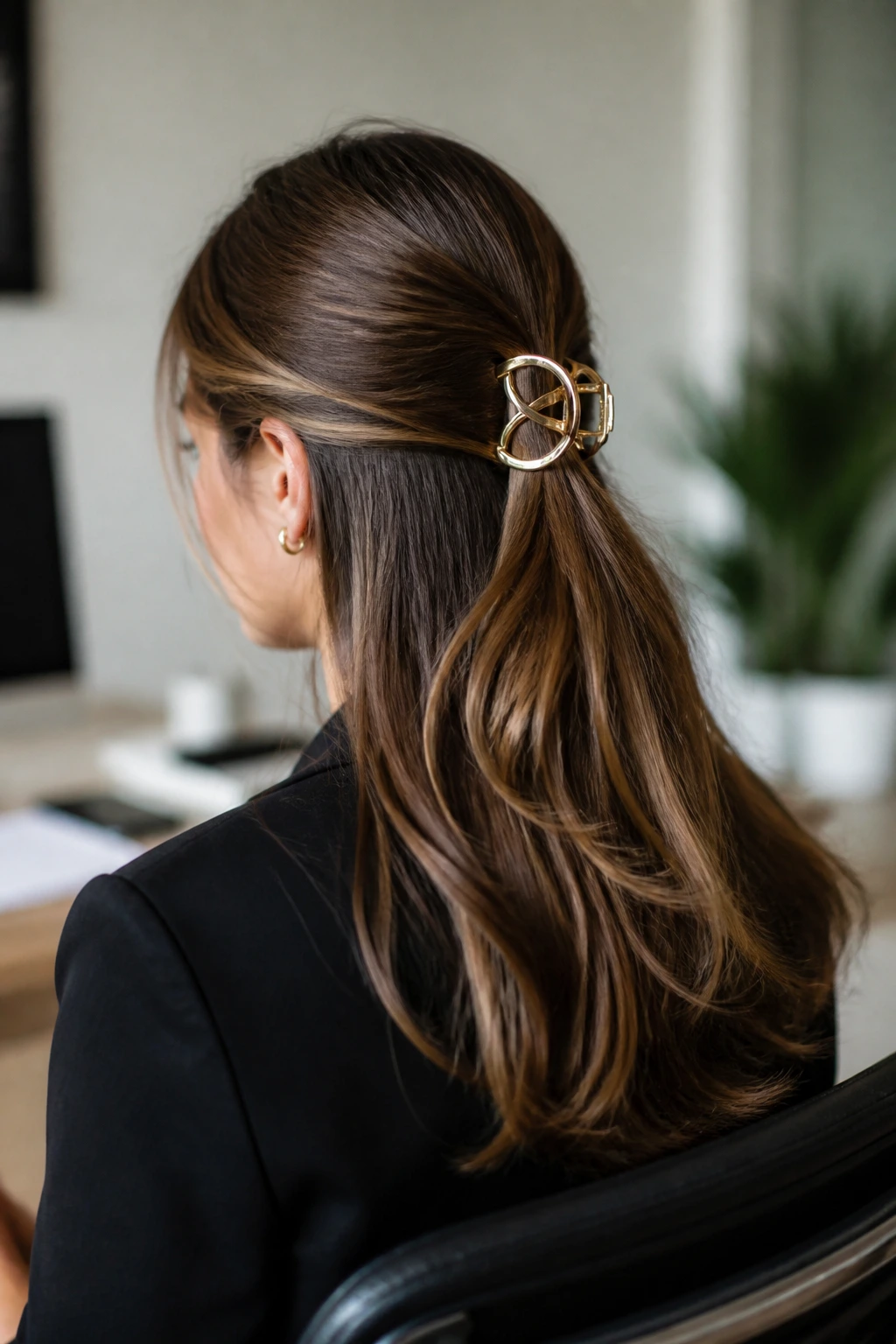 Three-quarter view of a real woman with a half-up hairstyle secured by a large interlocking clip in an office