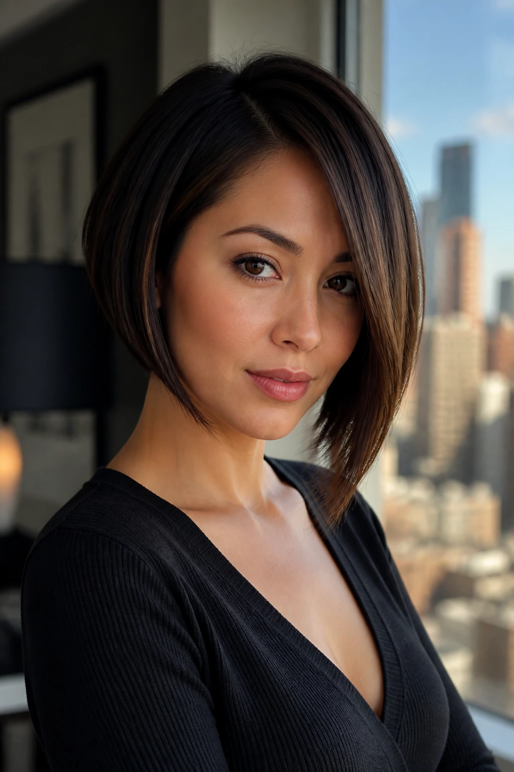 Close-up portrait of a woman with an inverted asymmetrical bob in warm window-light setting