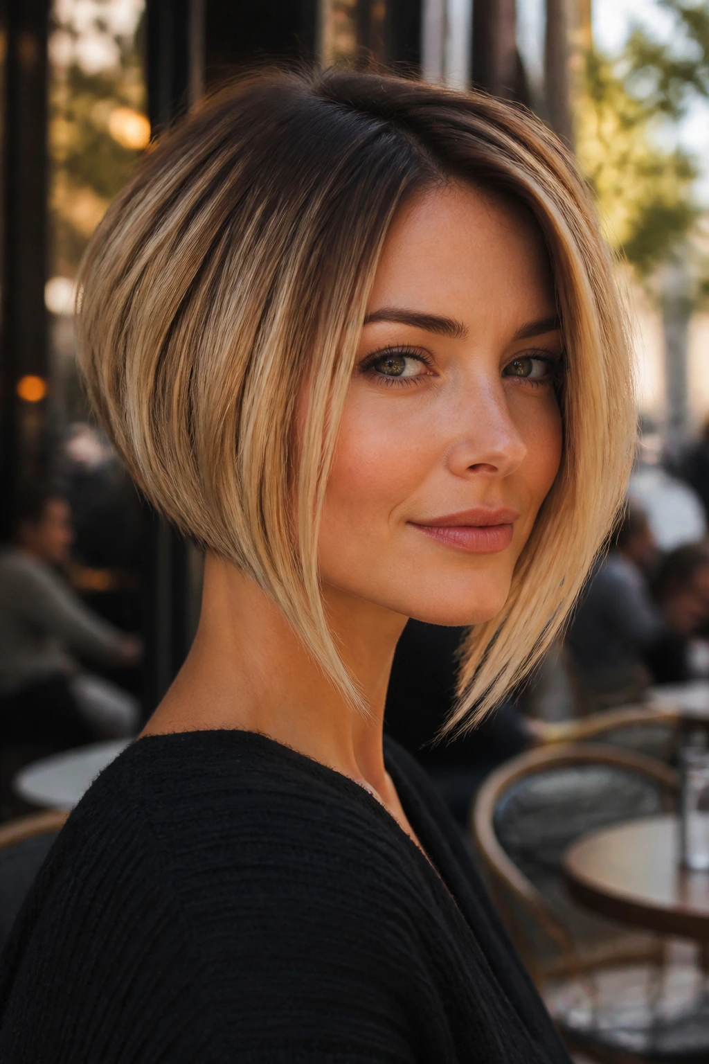 Portrait of a real woman with an inverted bob and warm balayage