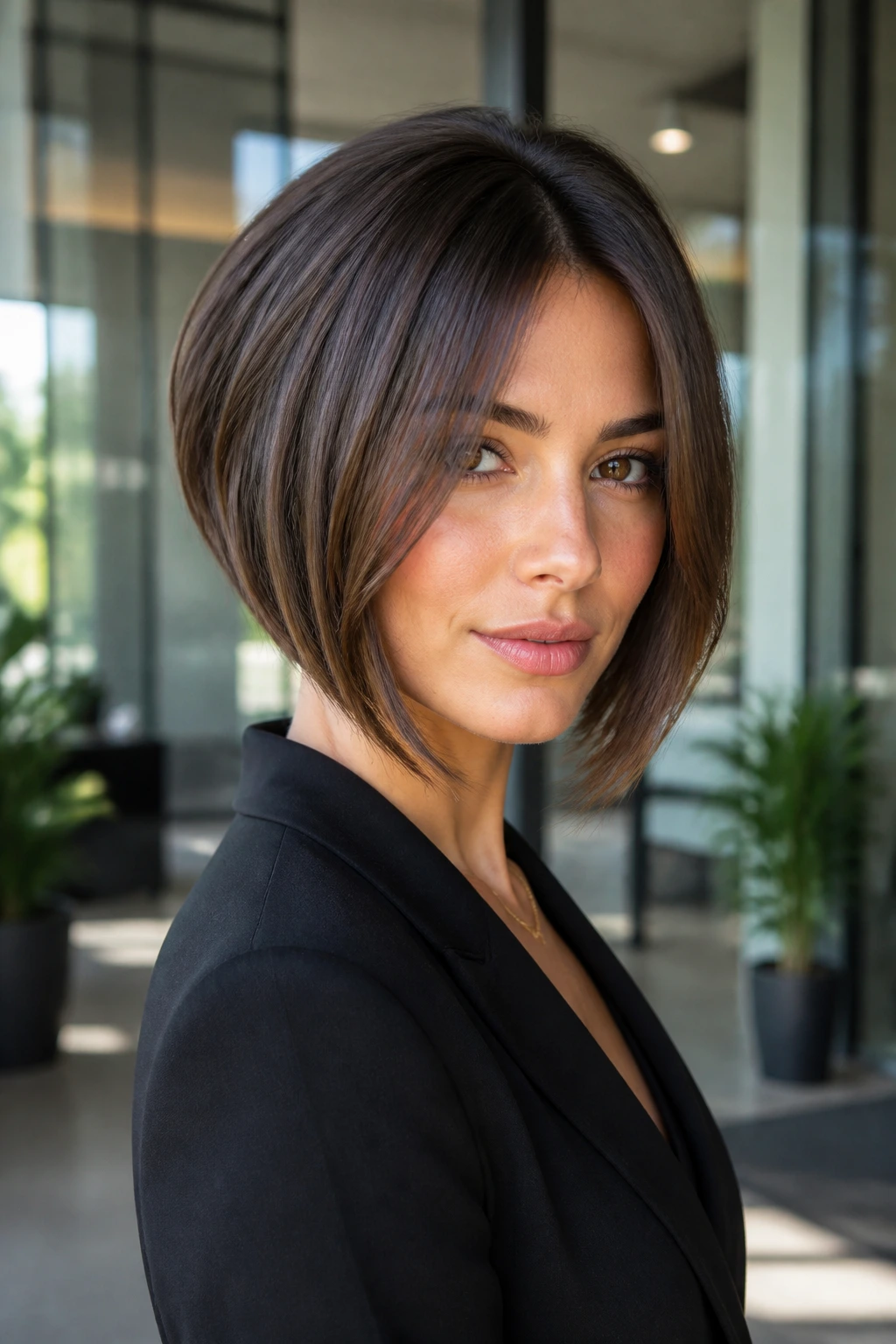 Real woman with inverted bob and long curtain bangs in a modern office setting.