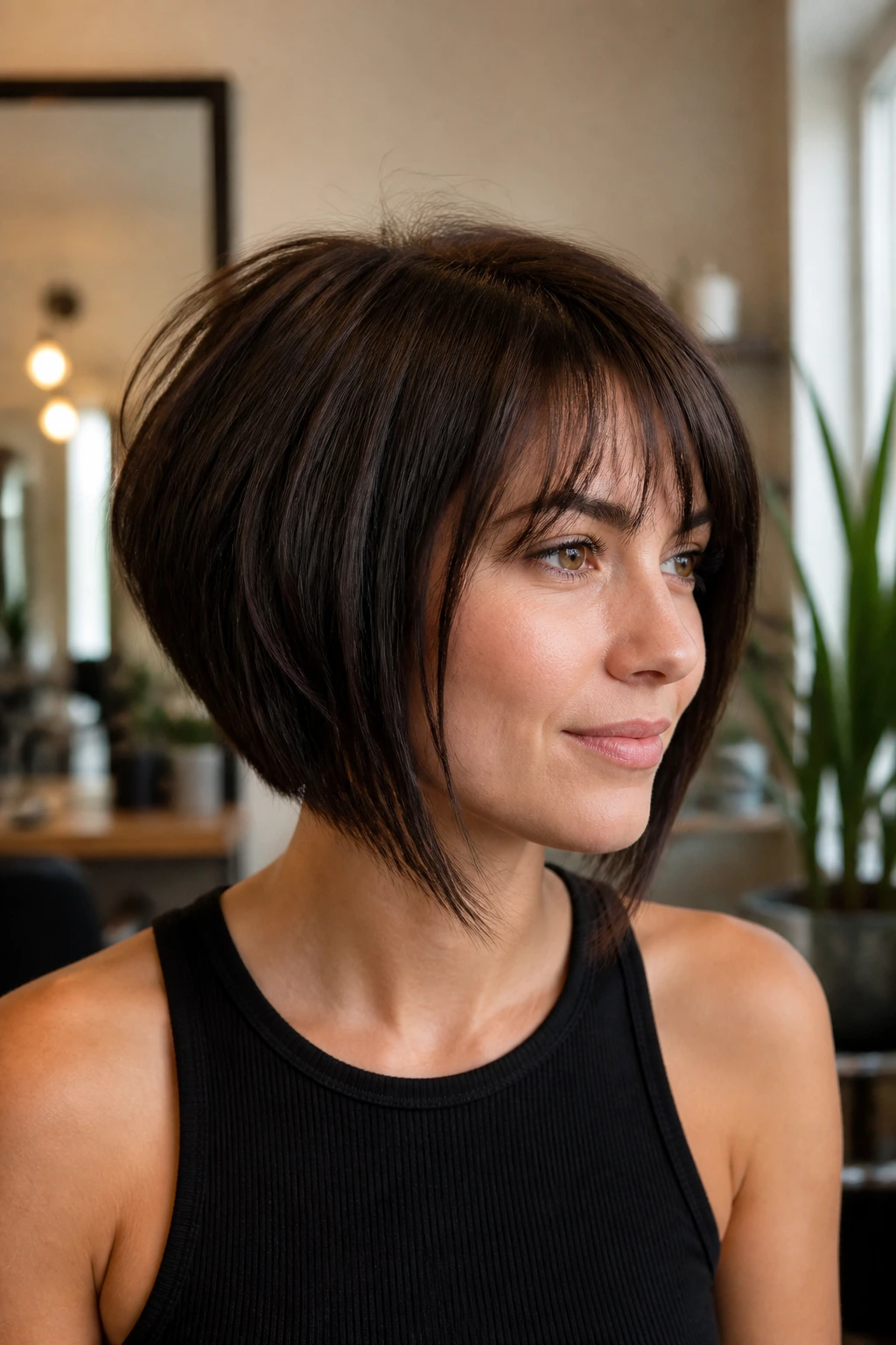 Portrait of a real woman with inverted bob and wispy bangs in natural light