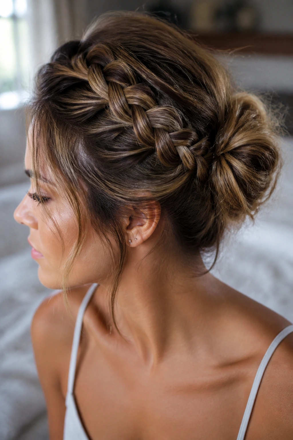 Close-up portrait of a real woman's inverted crown braid flowing into a messy bun in warm bedroom light