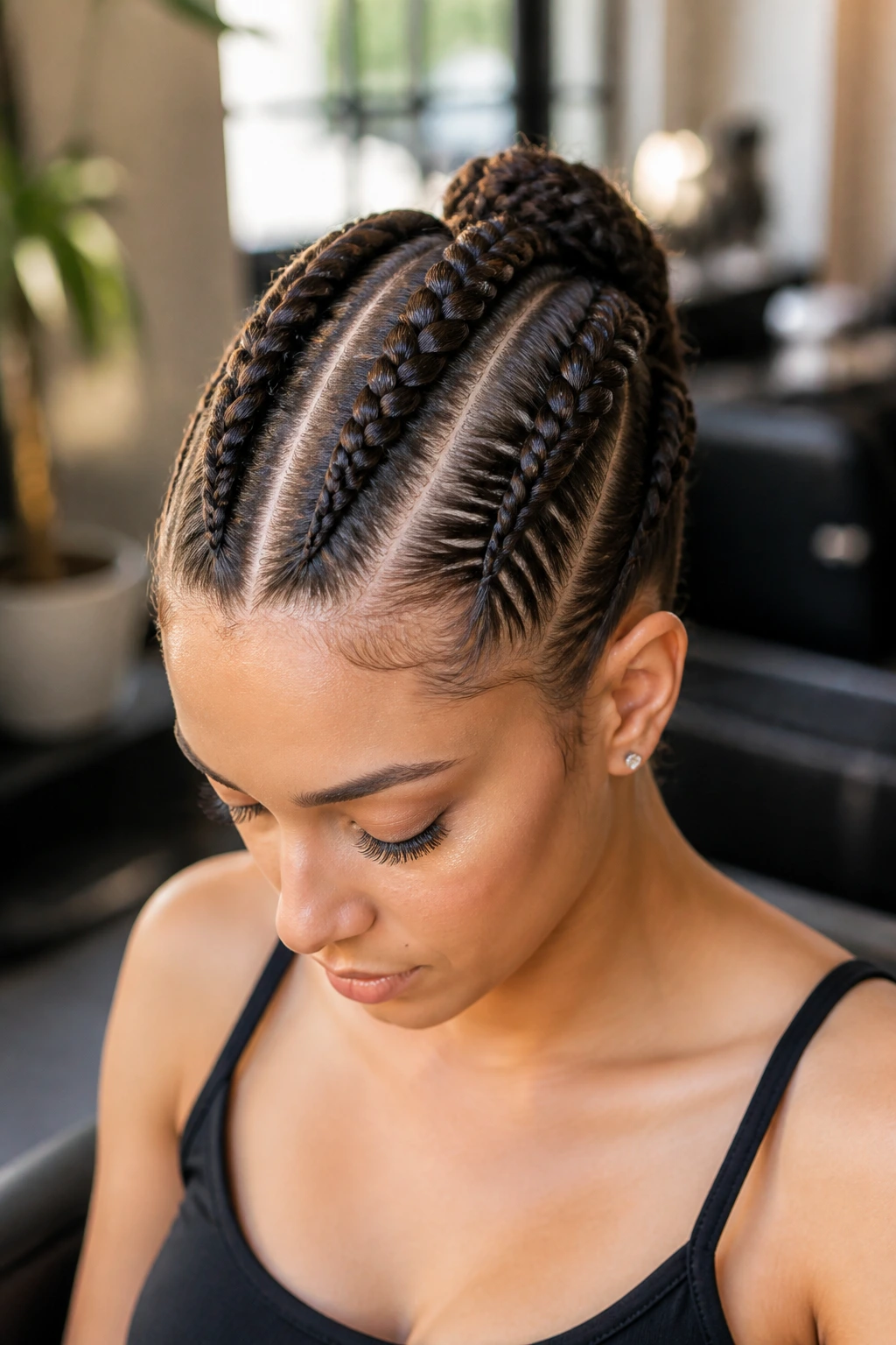 Close-up of a real woman's head with three inverted braids forming a mohawk illusion.