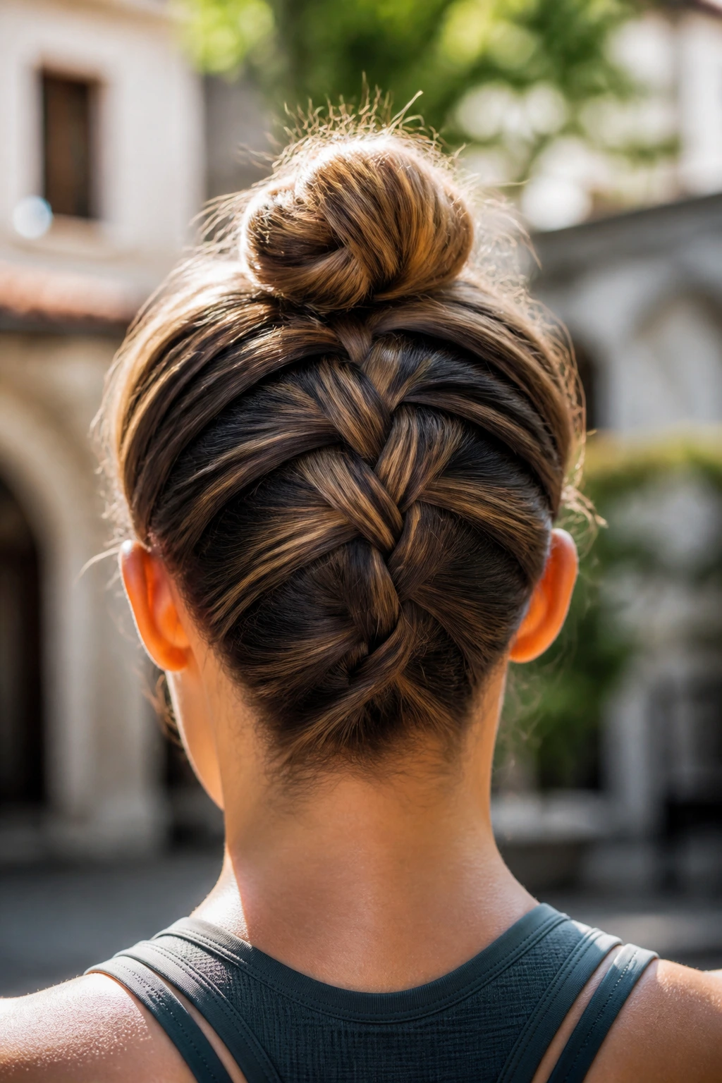 Rear view of a real woman with inverted crown braid and bun